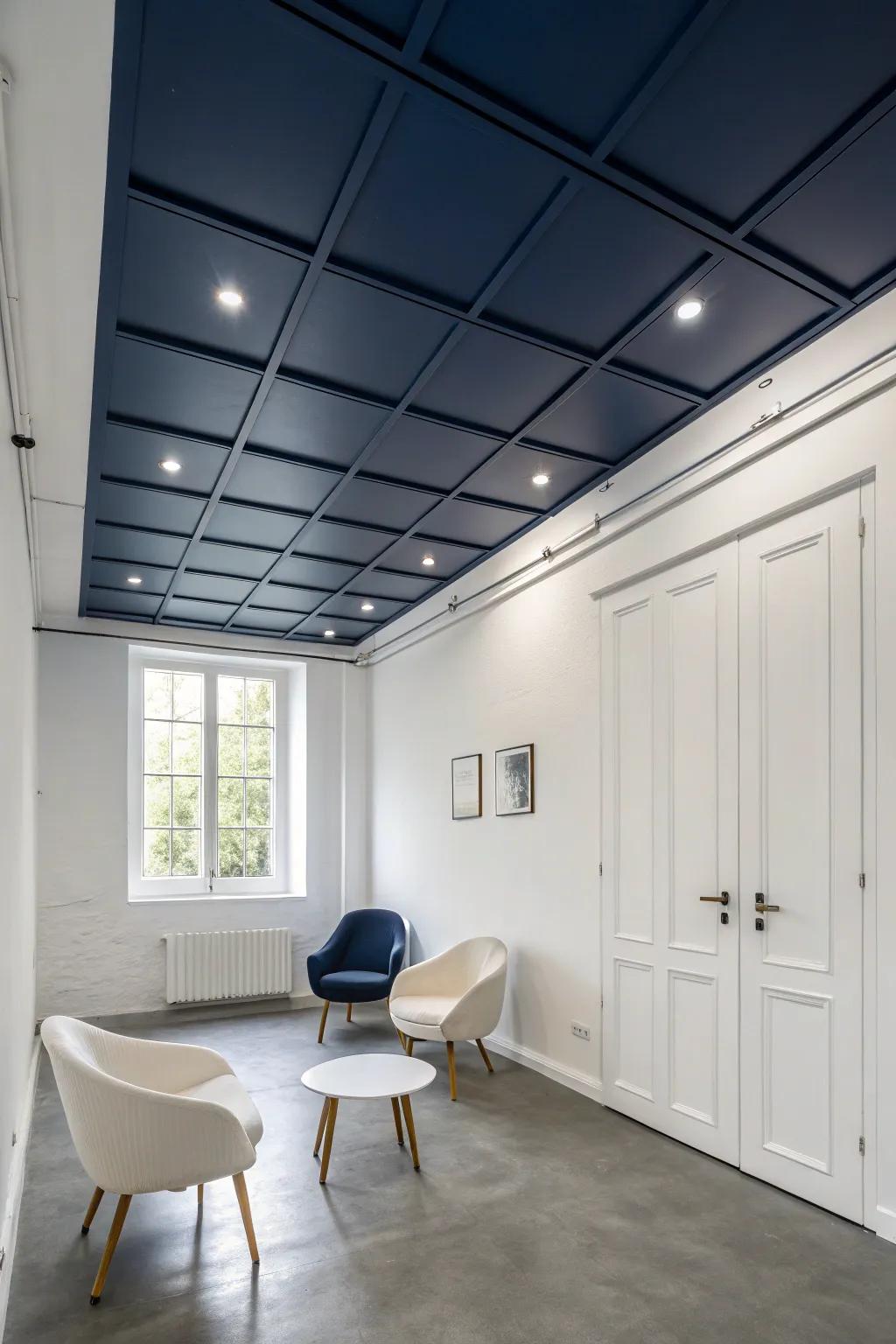 Modern minimalism enhanced by a deep azure ceiling.