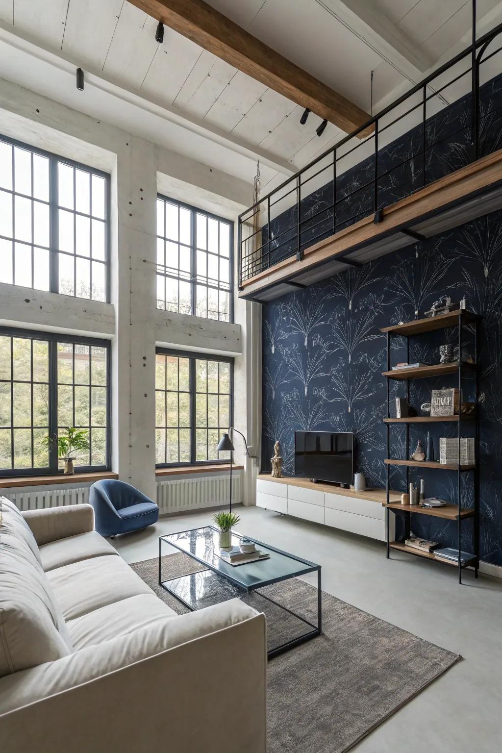 Industrial-style dark blue wall covering adds an edgy touch.