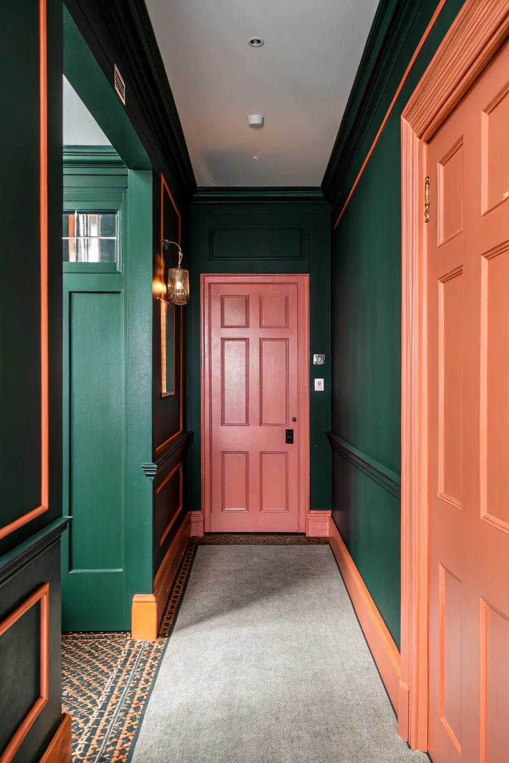 Unexpected color combinations add interest to the hallway.