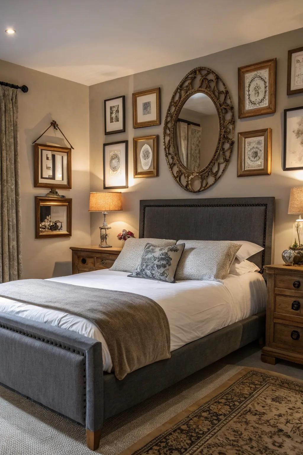 A gray-themed bedroom is made more elegant and has more light reflected by mirrors.