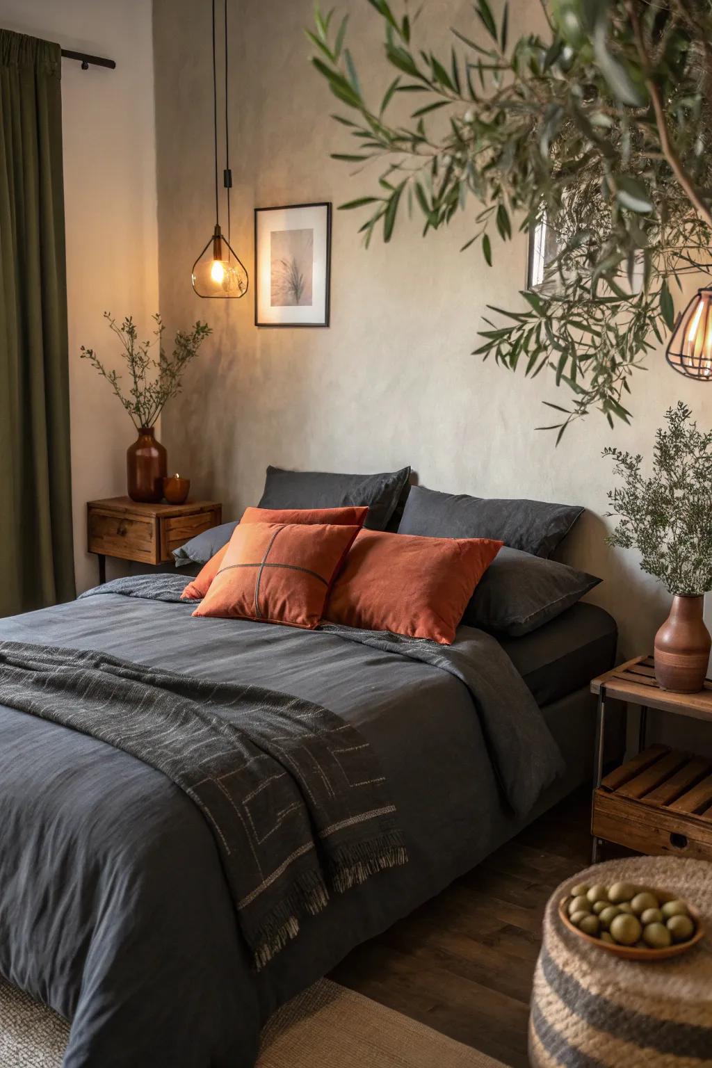 Land tones add warmth and coziness to deep charcoal bedding.
