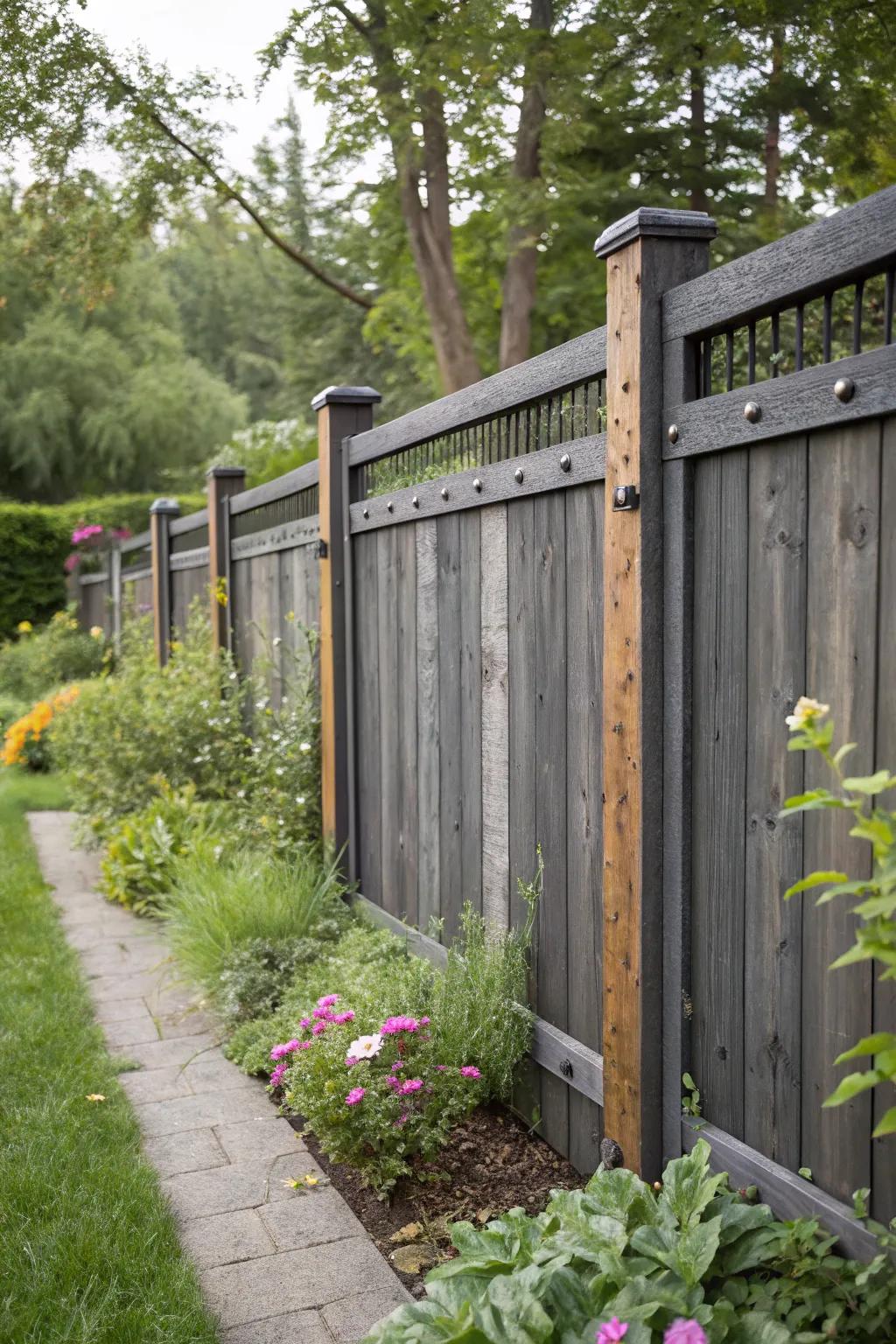 A textured garden look featuring a deep charcoal barrier with blended materials like wood and metal.