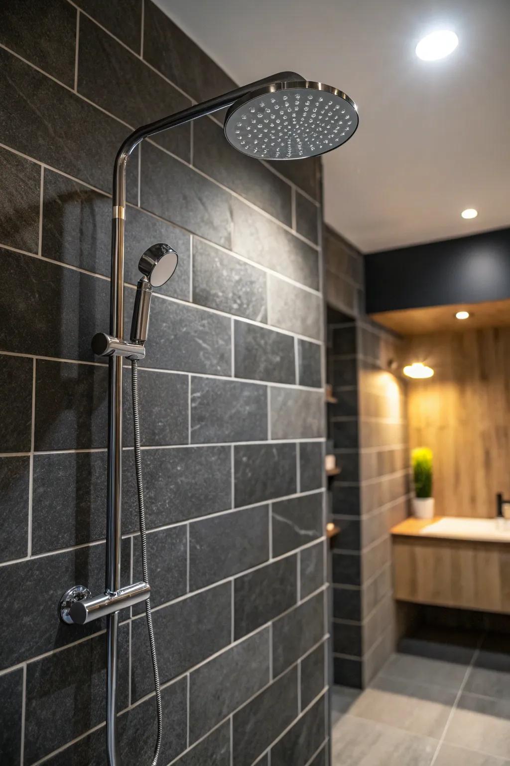 The textures of deep charcoal tiles are enhanced by lighting, creating a dynamic aesthetic.