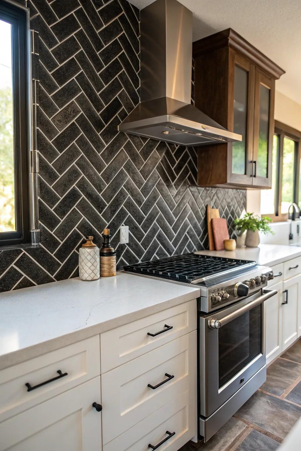 A kitchen showcasing a dark tile backsplash laid in a diagonal pattern for added interest.