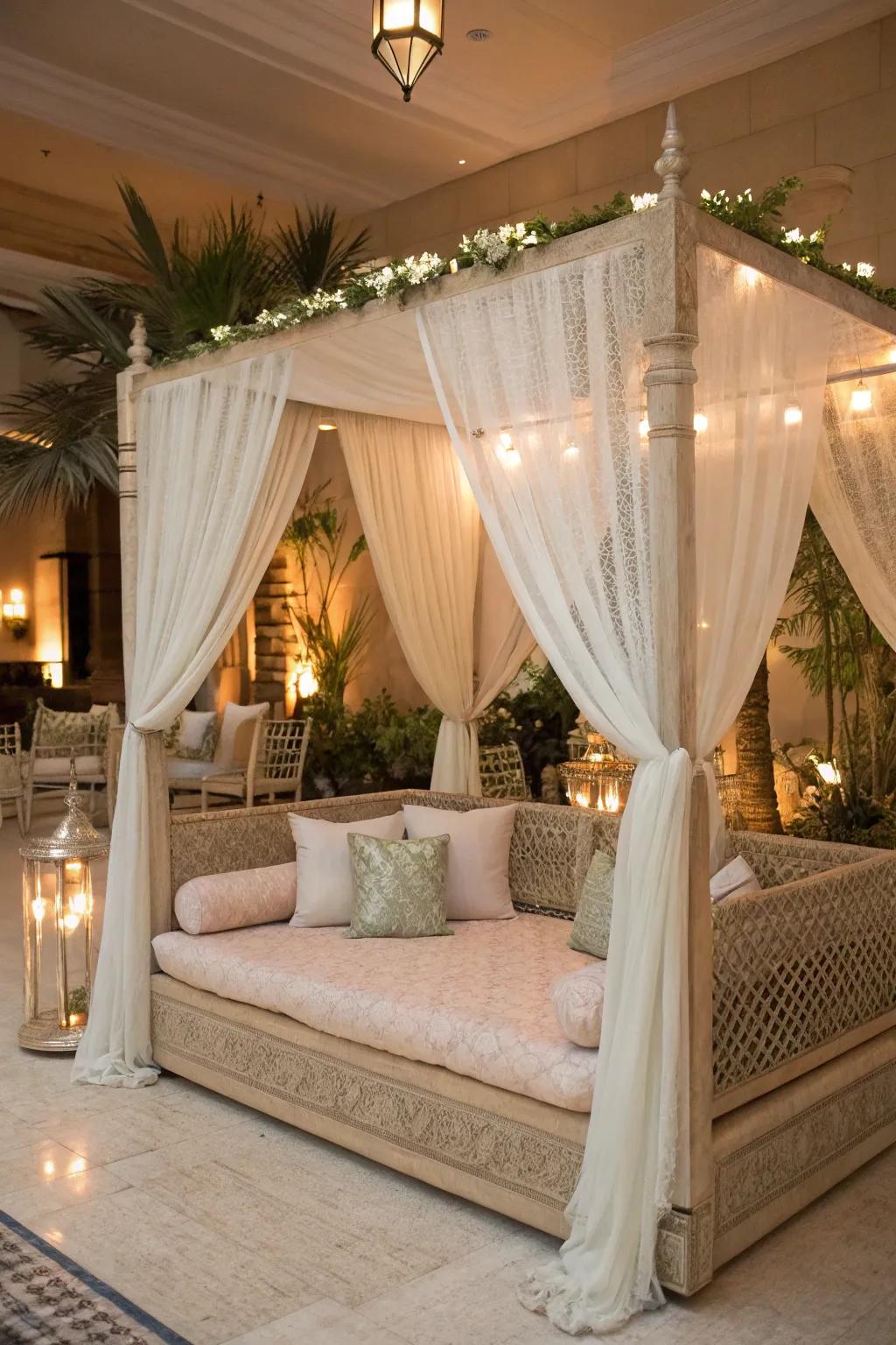 A daybed with a canopy that creates an ethereal and dreamy atmosphere.