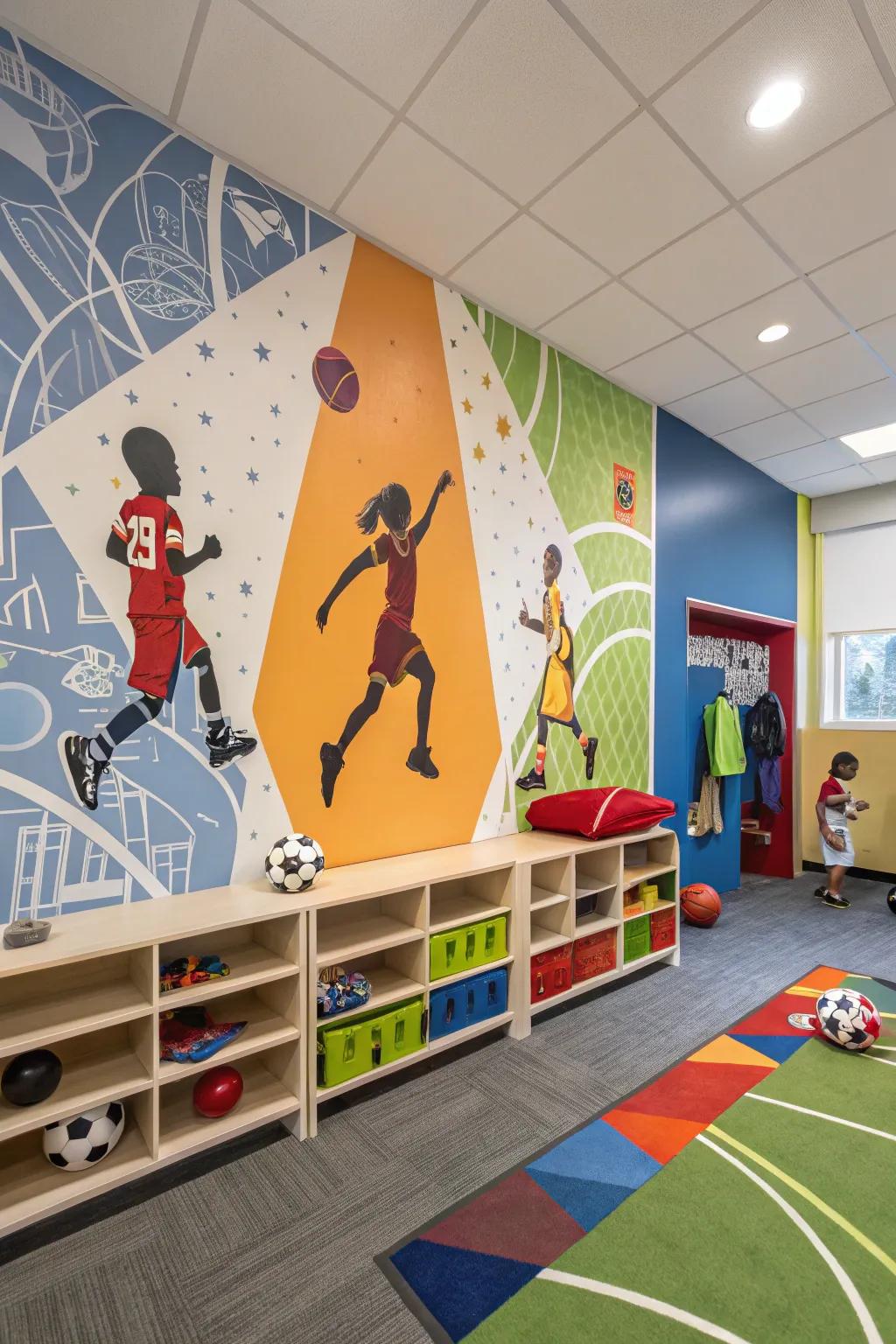 A daycare area energized by energetic sports-themed wallpaper.