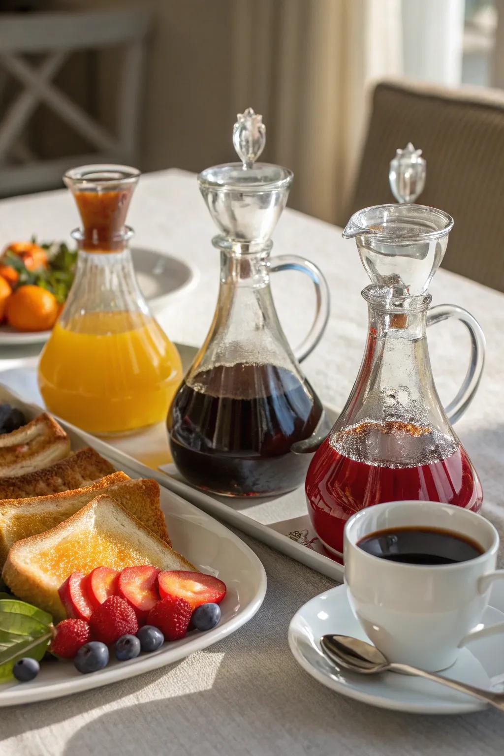 A breakfast table featuring vessels used for serving syrups.