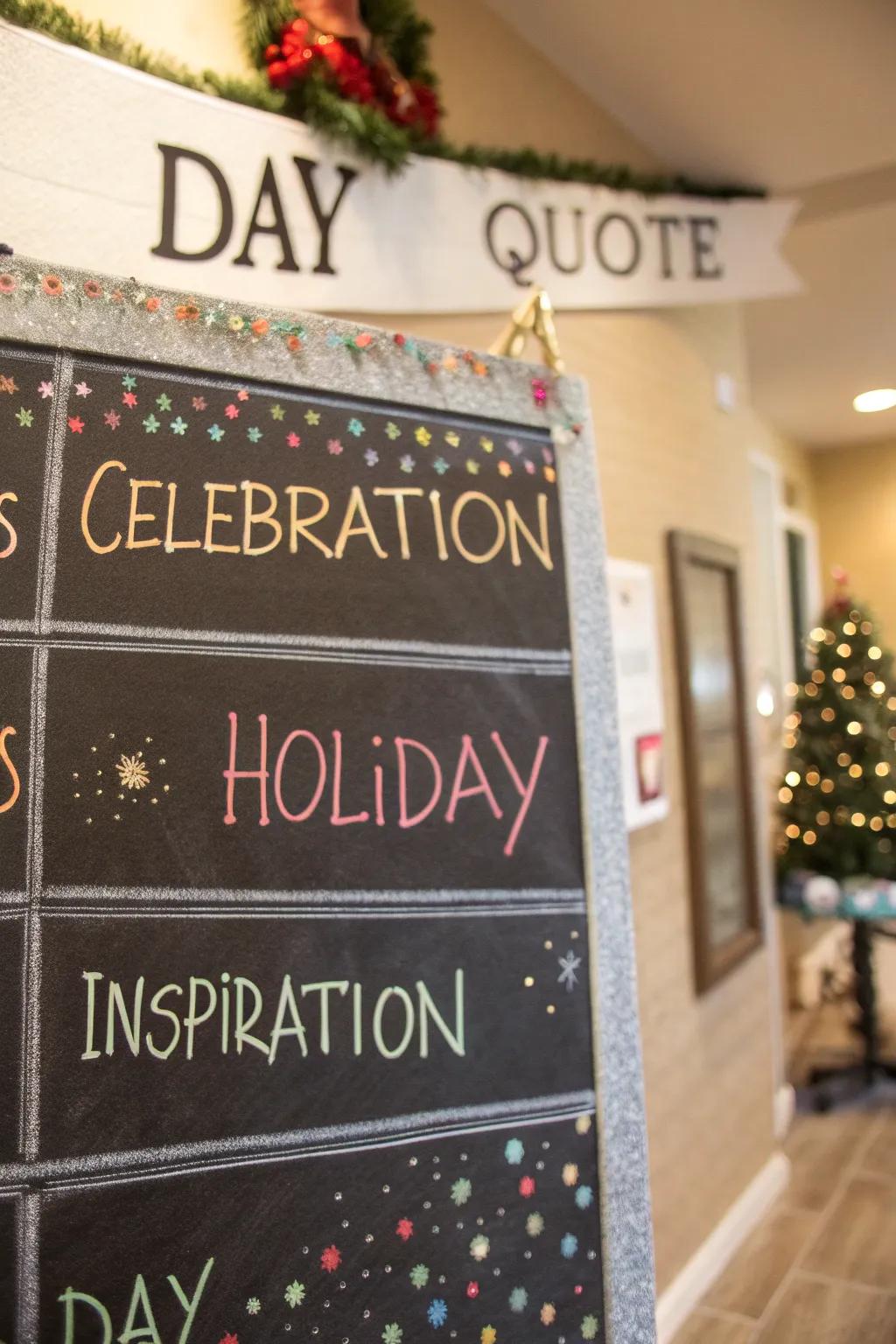 A cheerful chalkboard calendar featuring celebratory quotes.