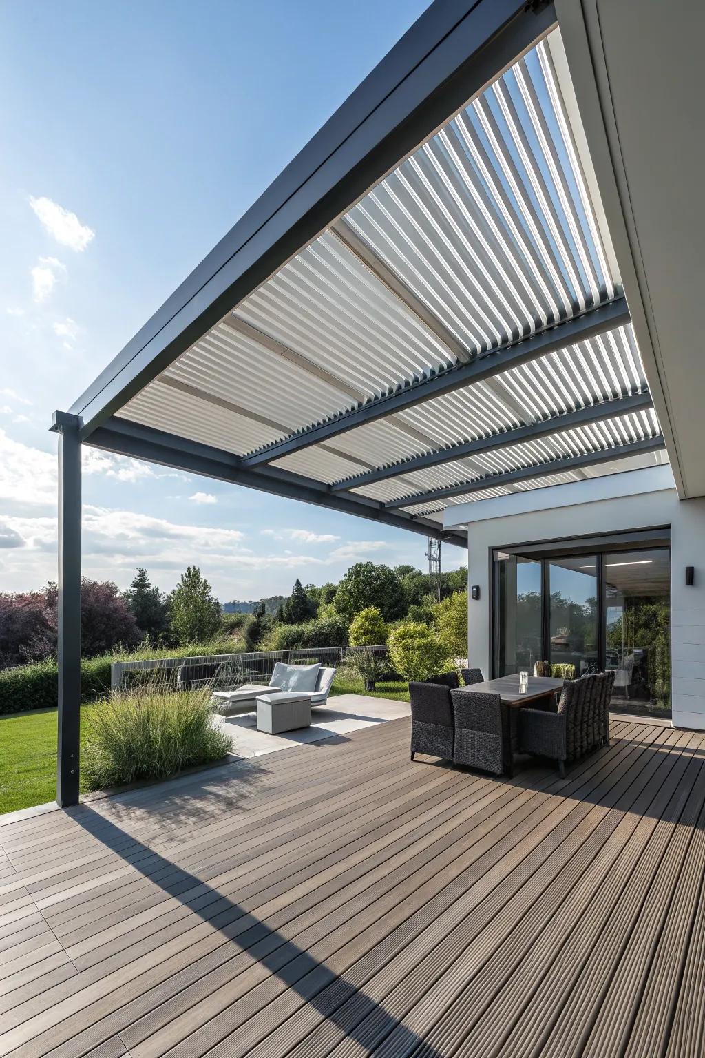 Louvered rooftops provide versatile shade for changing weather conditions.