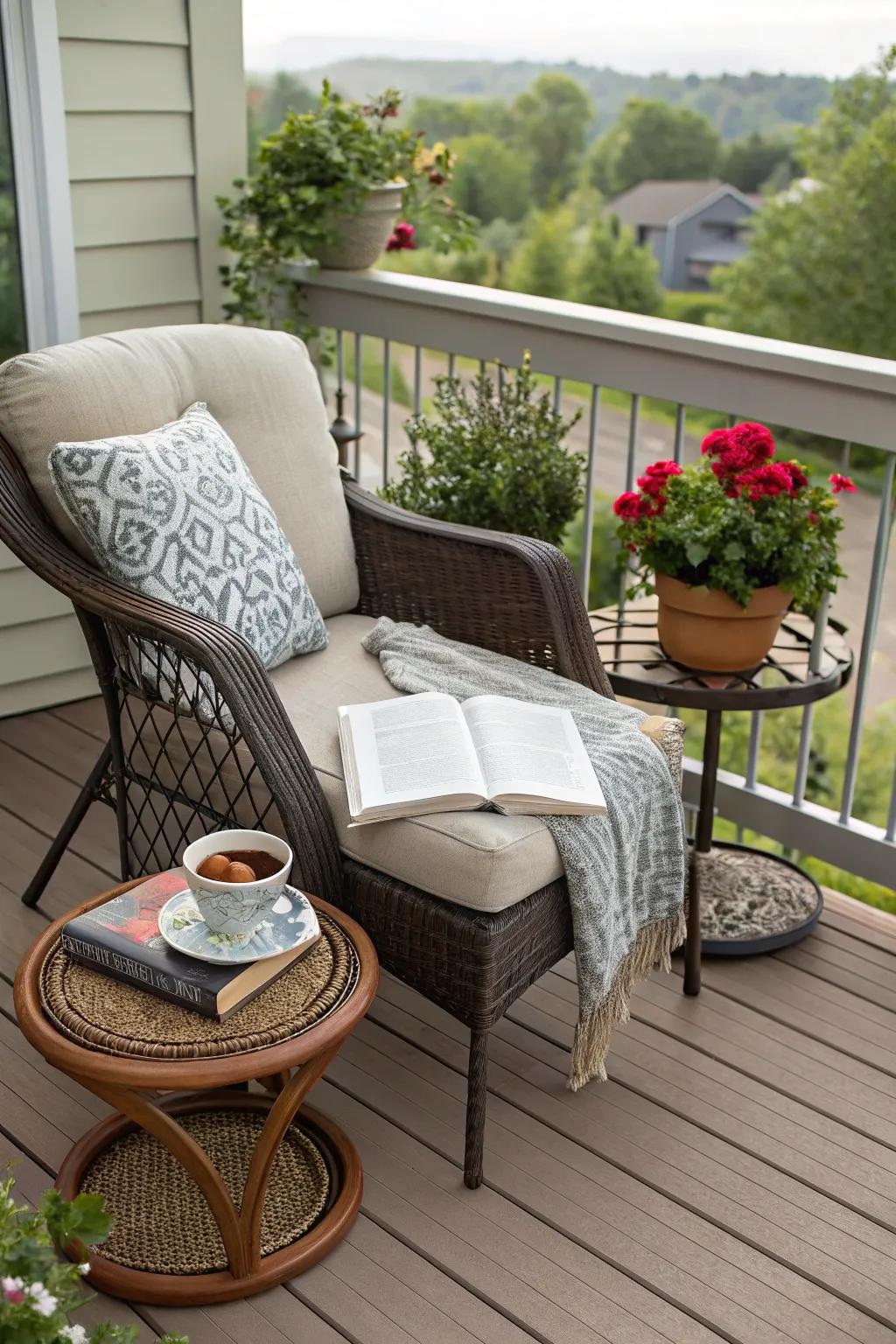 A secluded nook offers a restful sanctuary for books and relaxation.