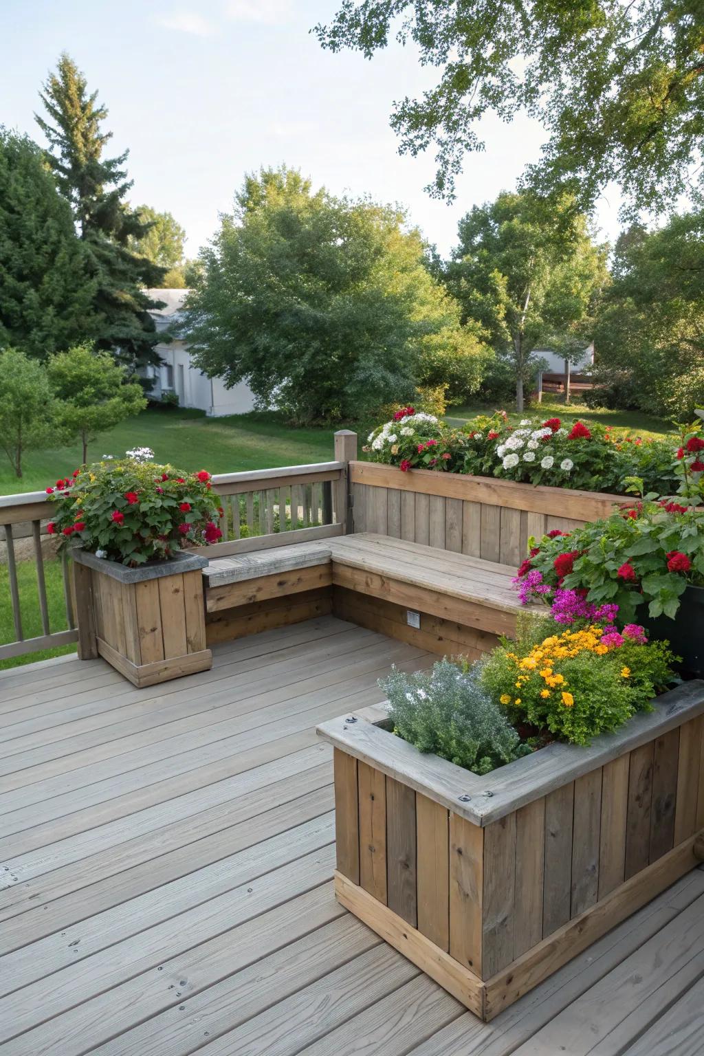 A social hub with L-shaped seating and planters.