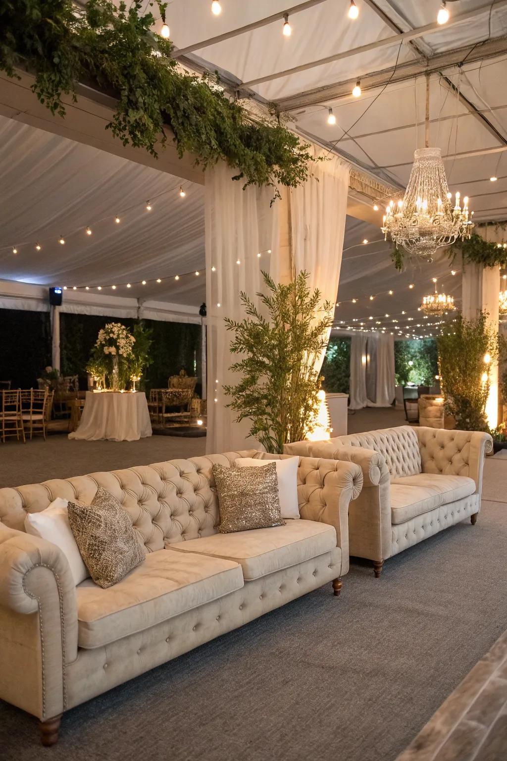 Chic lounge zones offering cozy relaxation spots at a ceremony.