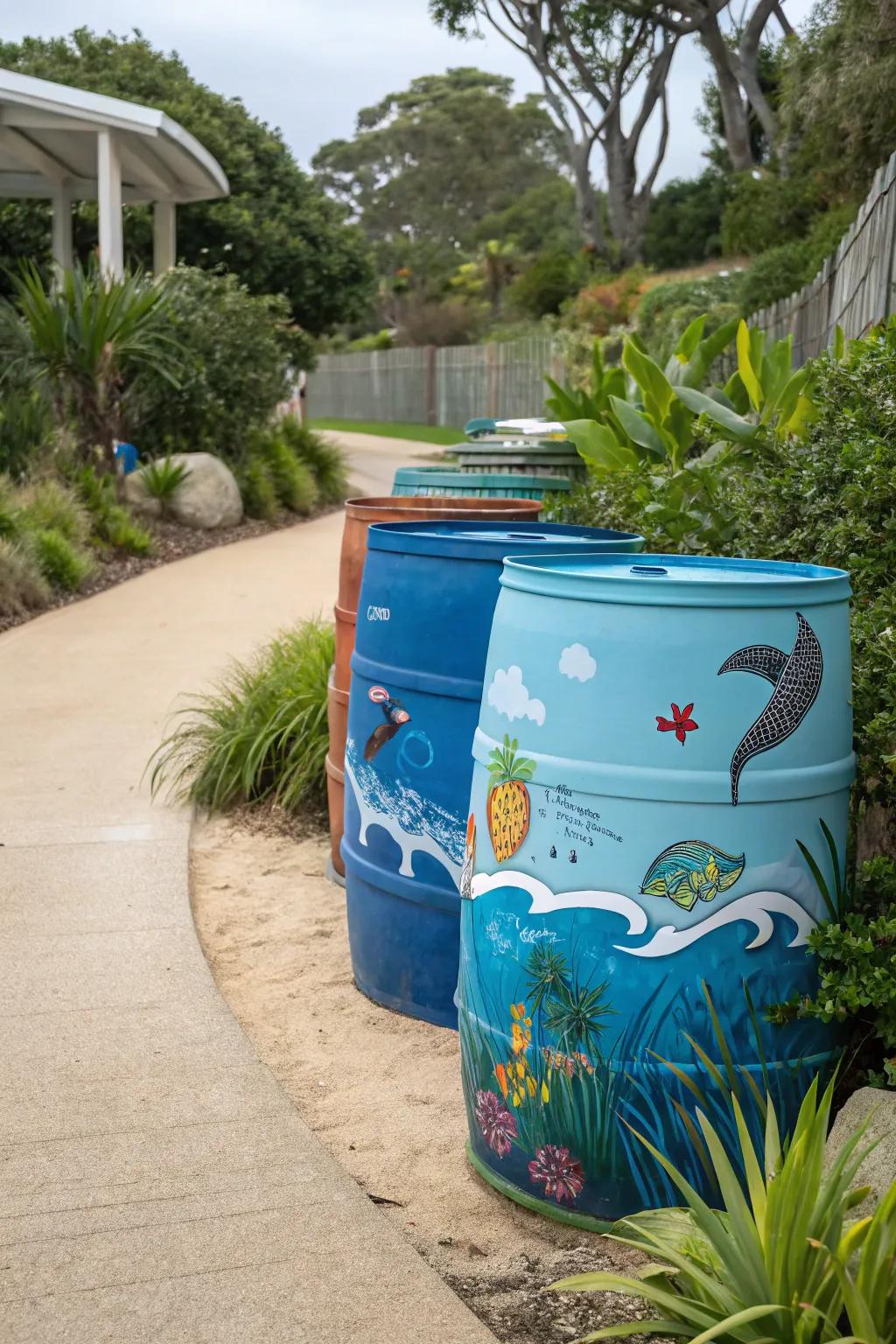 Sea-themed painted barrels