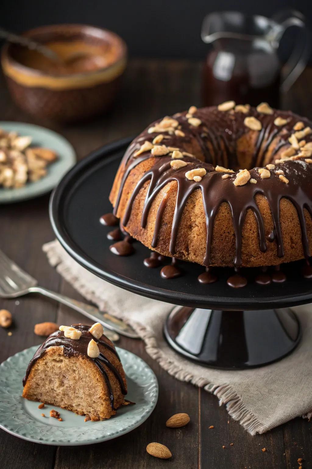 A bundt cake with a luscious combination of chocolate and peanut butter.