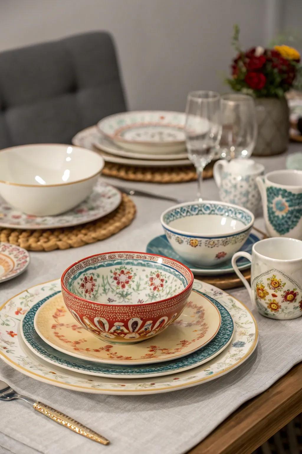 Mixing vintage tableware crafts a unique dining experience.