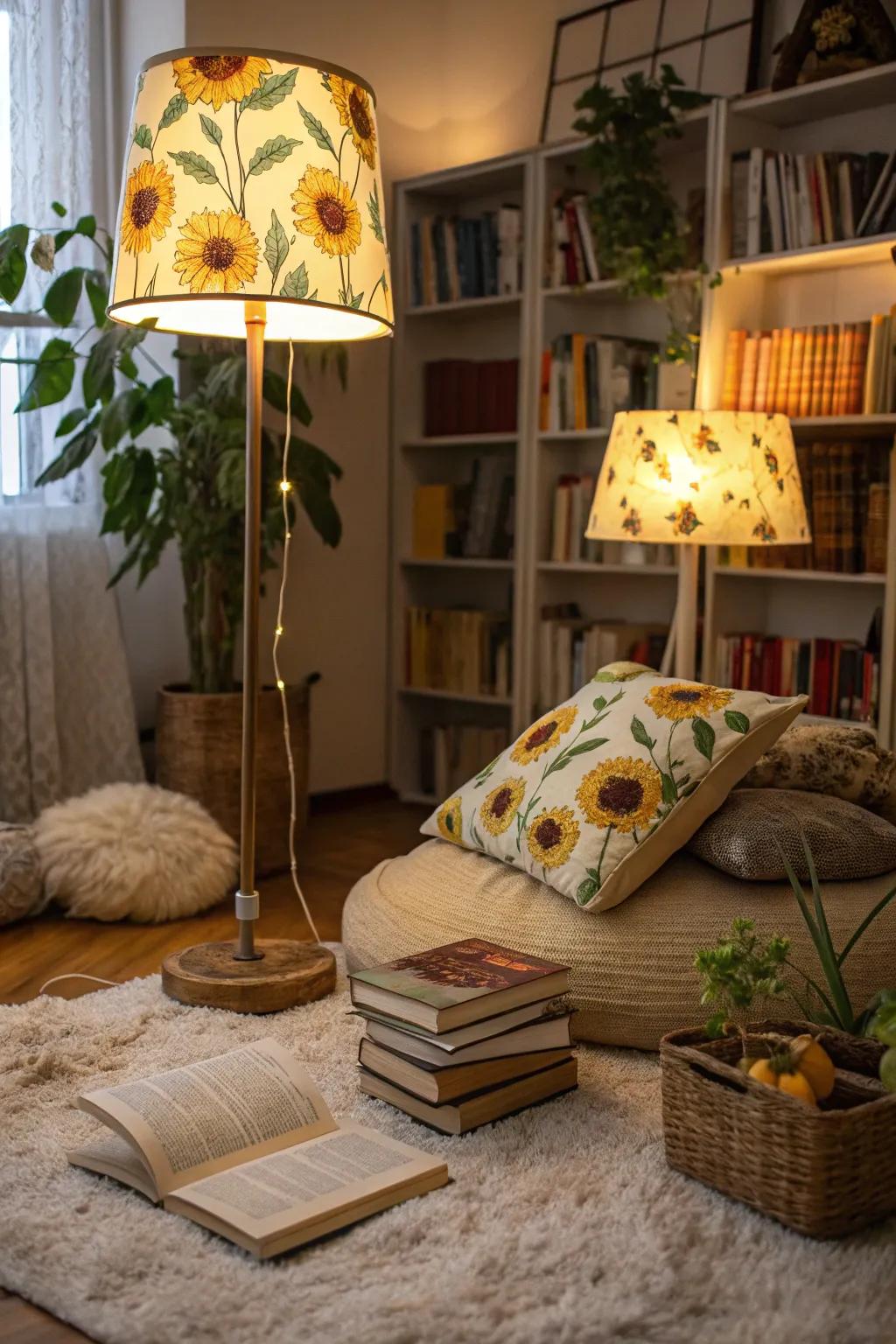 Sunflower lampshades introduce warmth and a cheerful ambiance to any space.