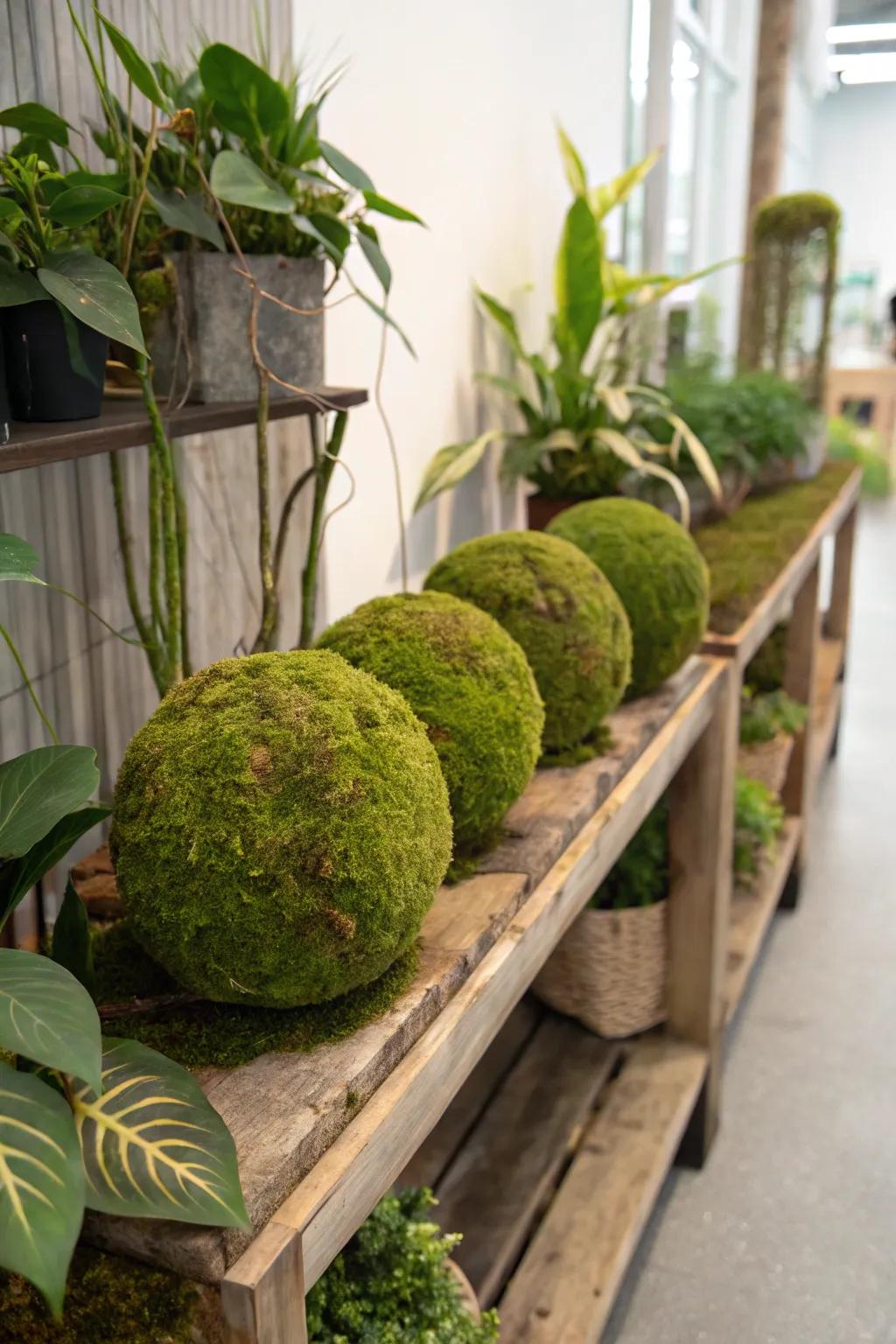 Moss-covered spheres bringing the garden indoors