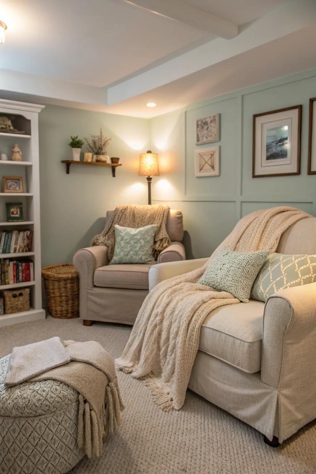 Soft weaves create a quiet retreat in the den.