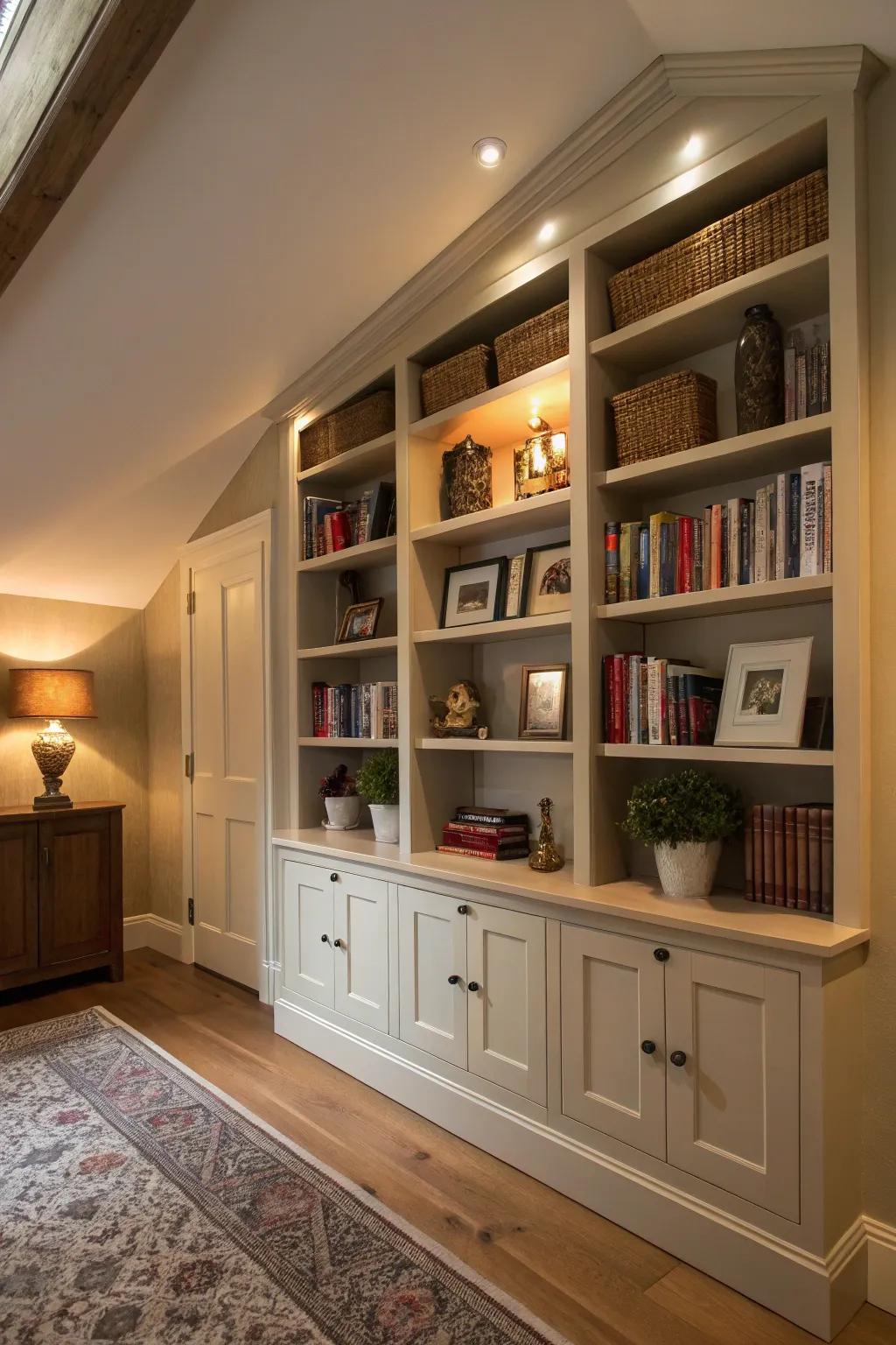 A den with functional built-in shelves and cabinets for stylish storage.