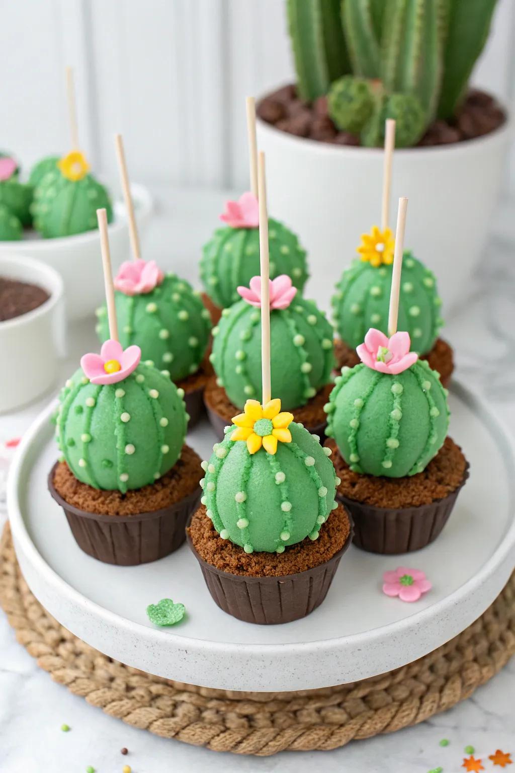 Prickly pear bites beautified with green icing and tiny fondant flowers.