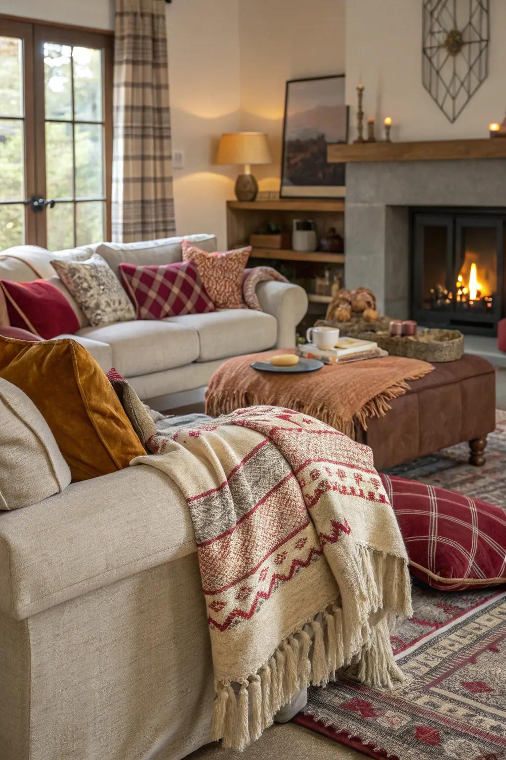 A comforting living space enriched with opulent fabrics.