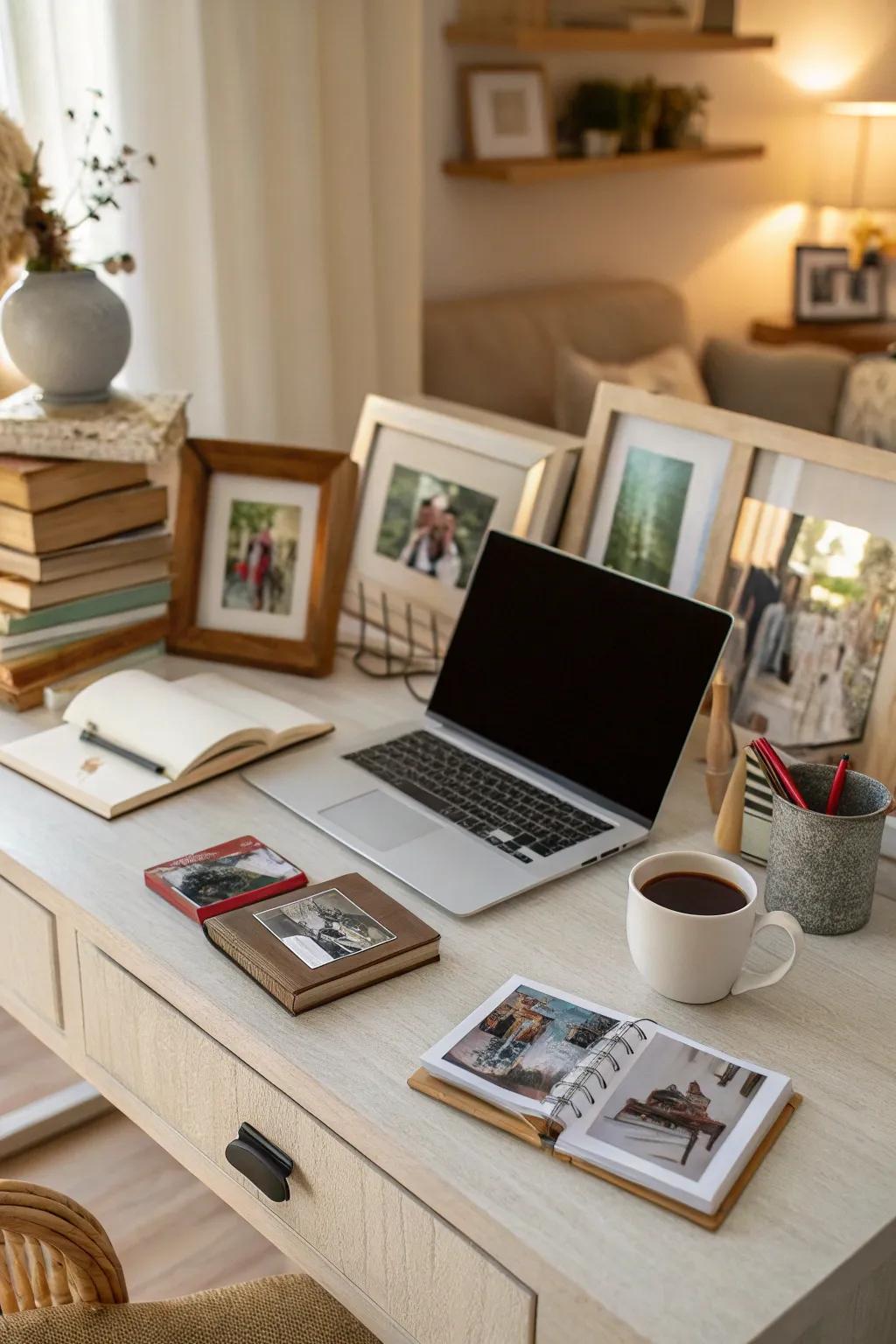 Personal photos add warmth and personality to your desk.