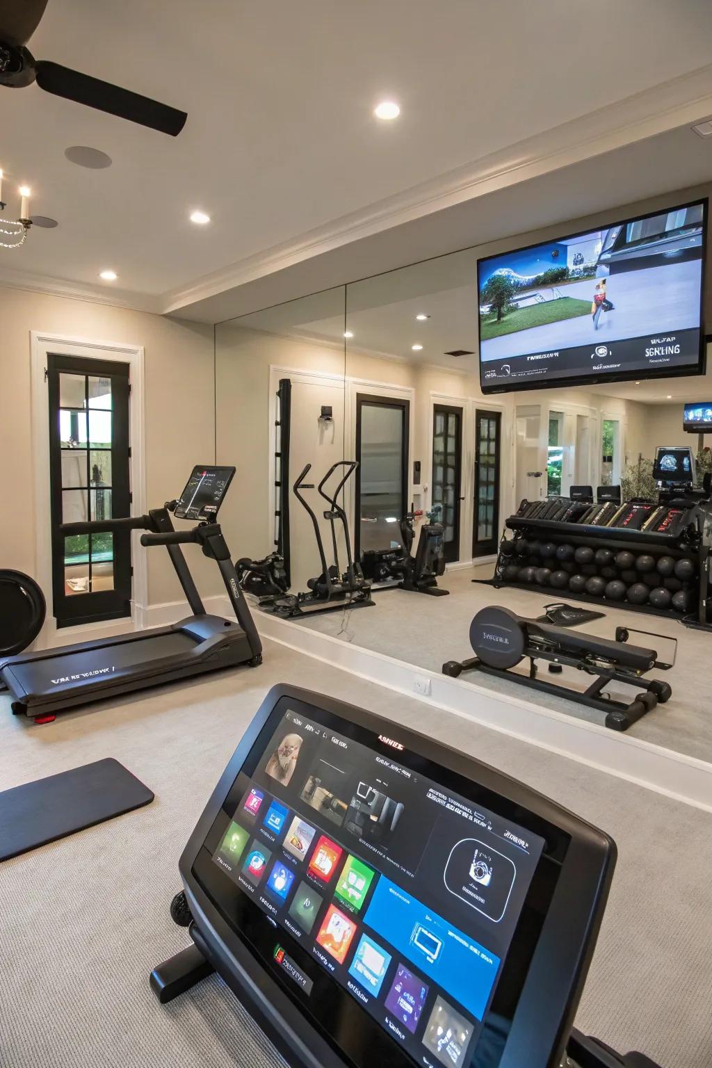 A tech-ready home gym with smart features for a modern workout experience.