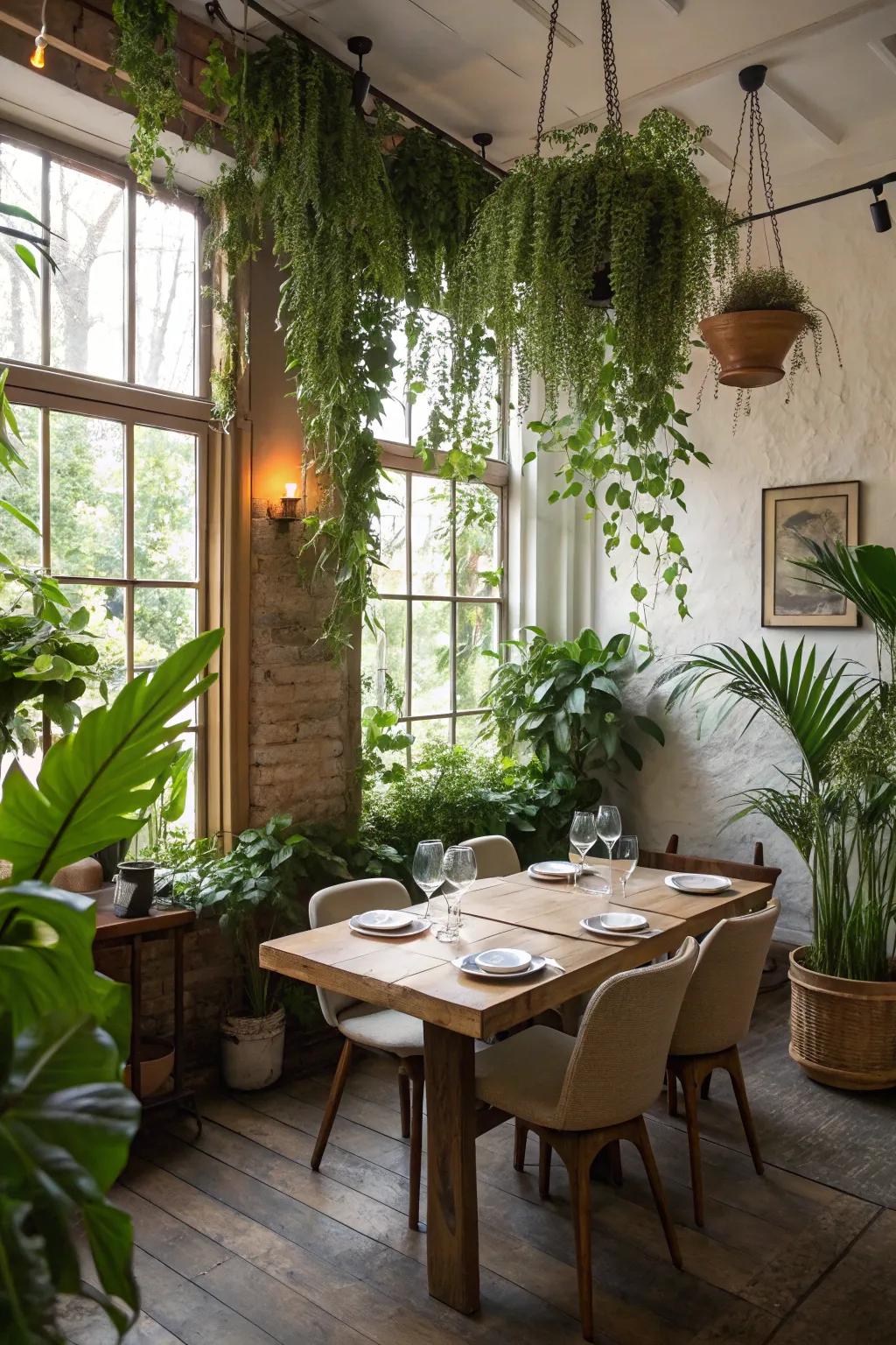 Vegetation enlivening the dining area through a natural element.