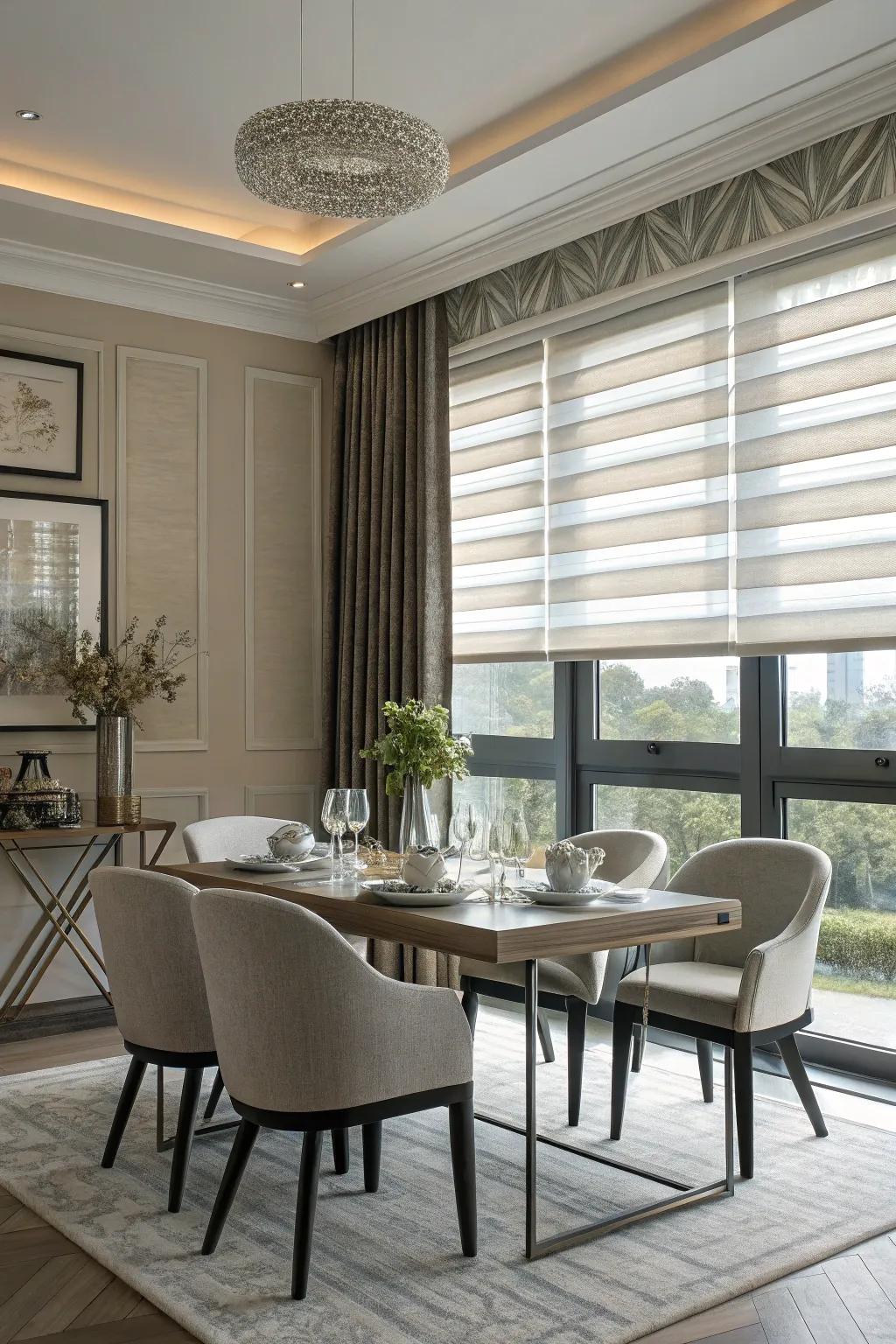 Intelligent technology like motorized blinds brings modern convenience to your dining space.