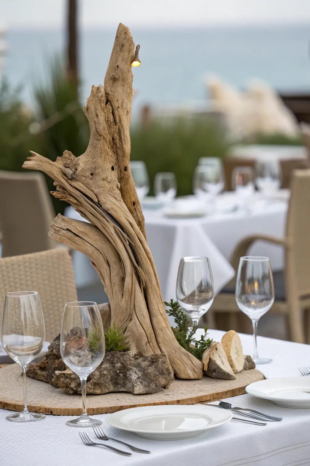 A dining table showcasing an unusual centerpiece.