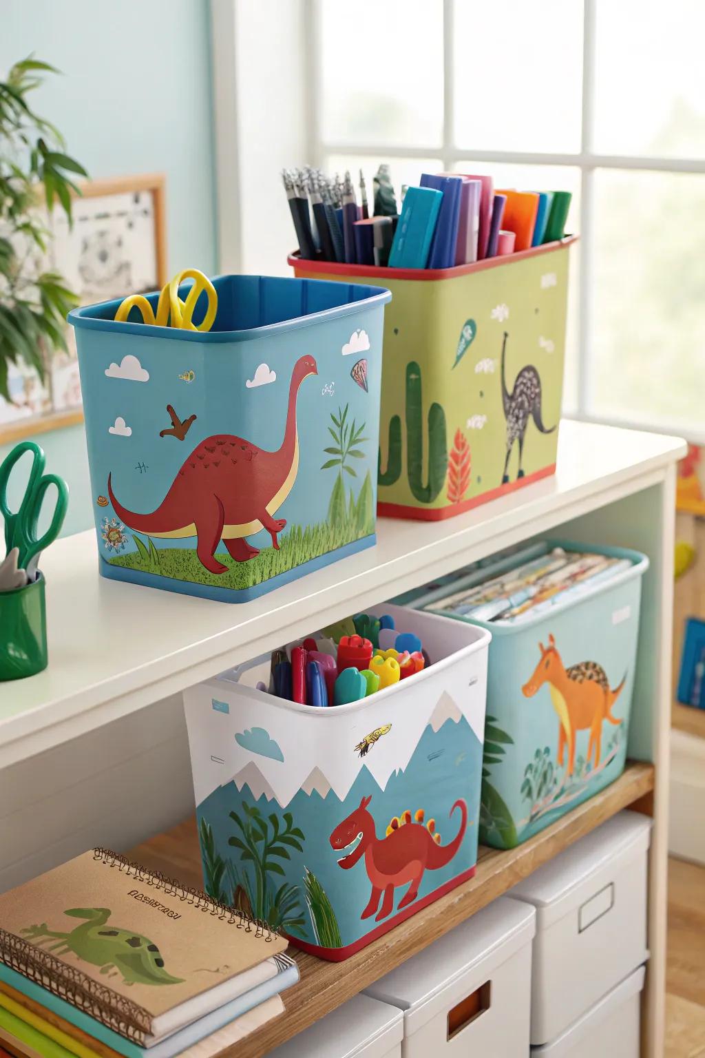 Lizard-themed bins keeping craft supplies organized.