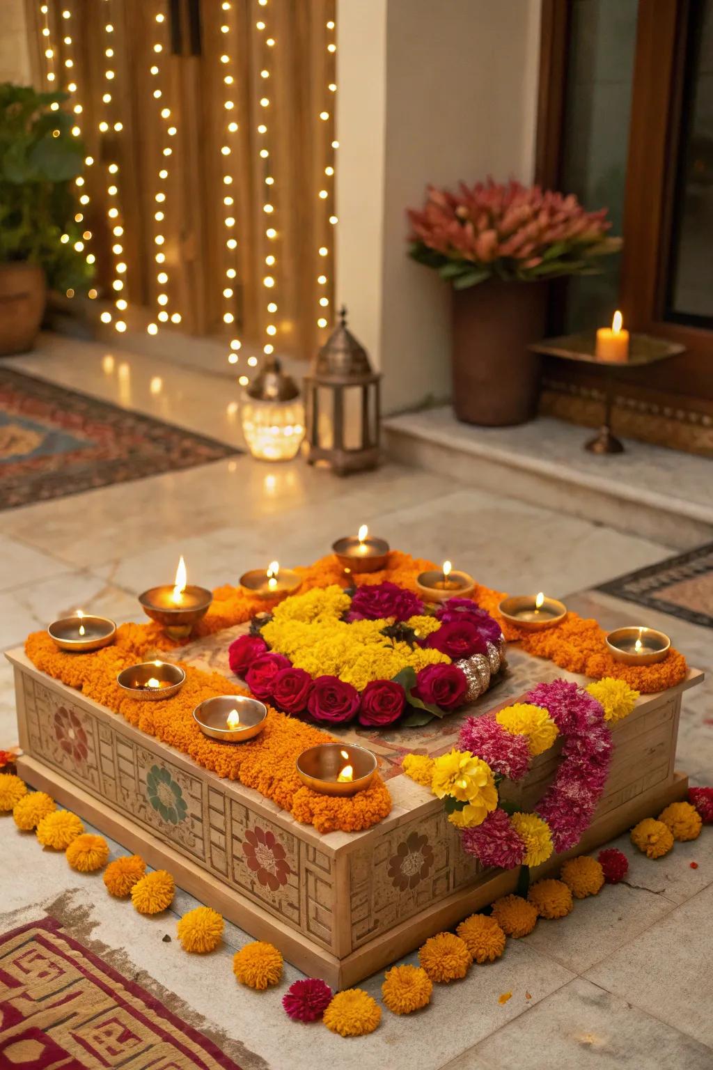 Elegant platform decorations add a traditional touch.