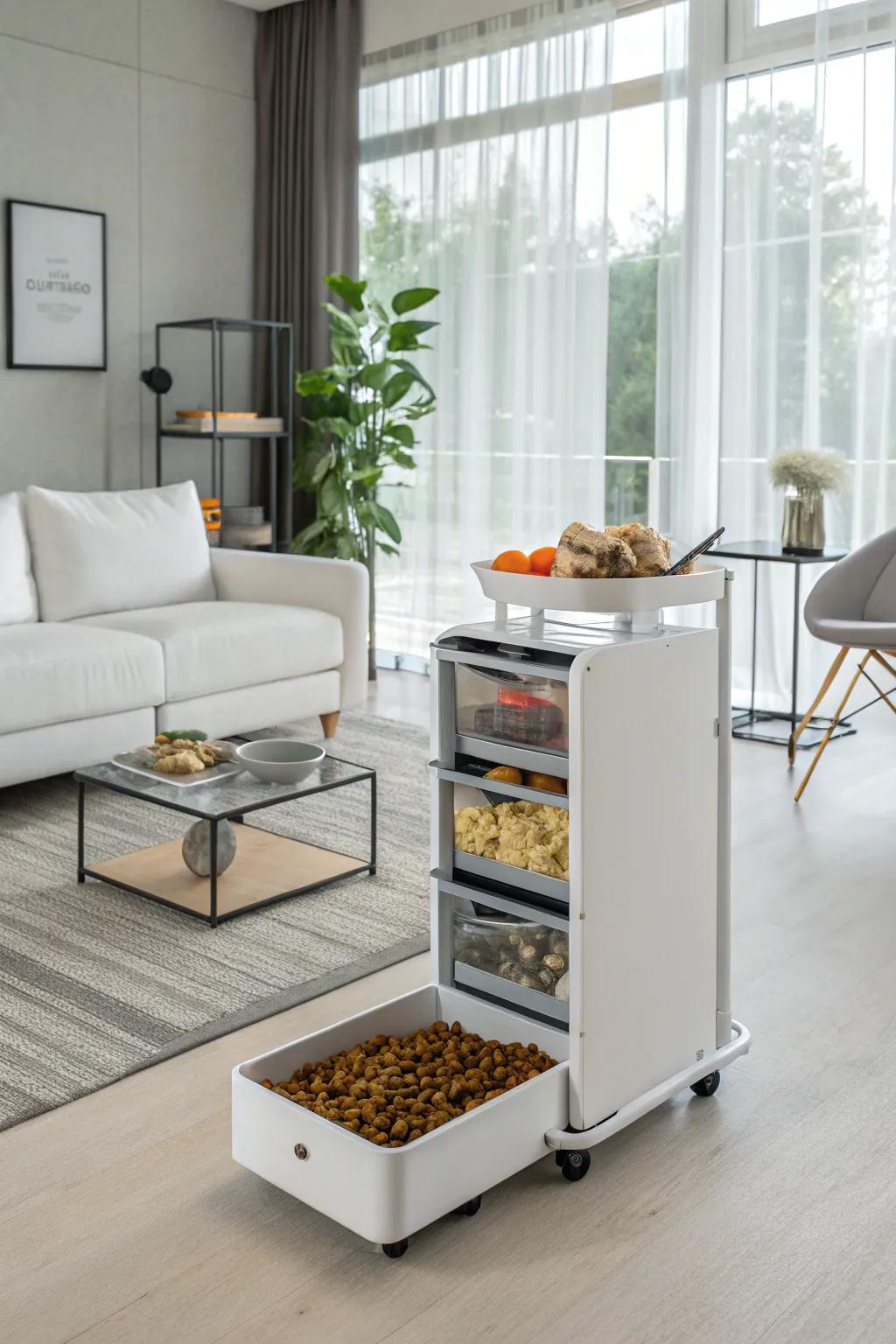 A pet food storage cart offers mobility and ease for feeding schedules.