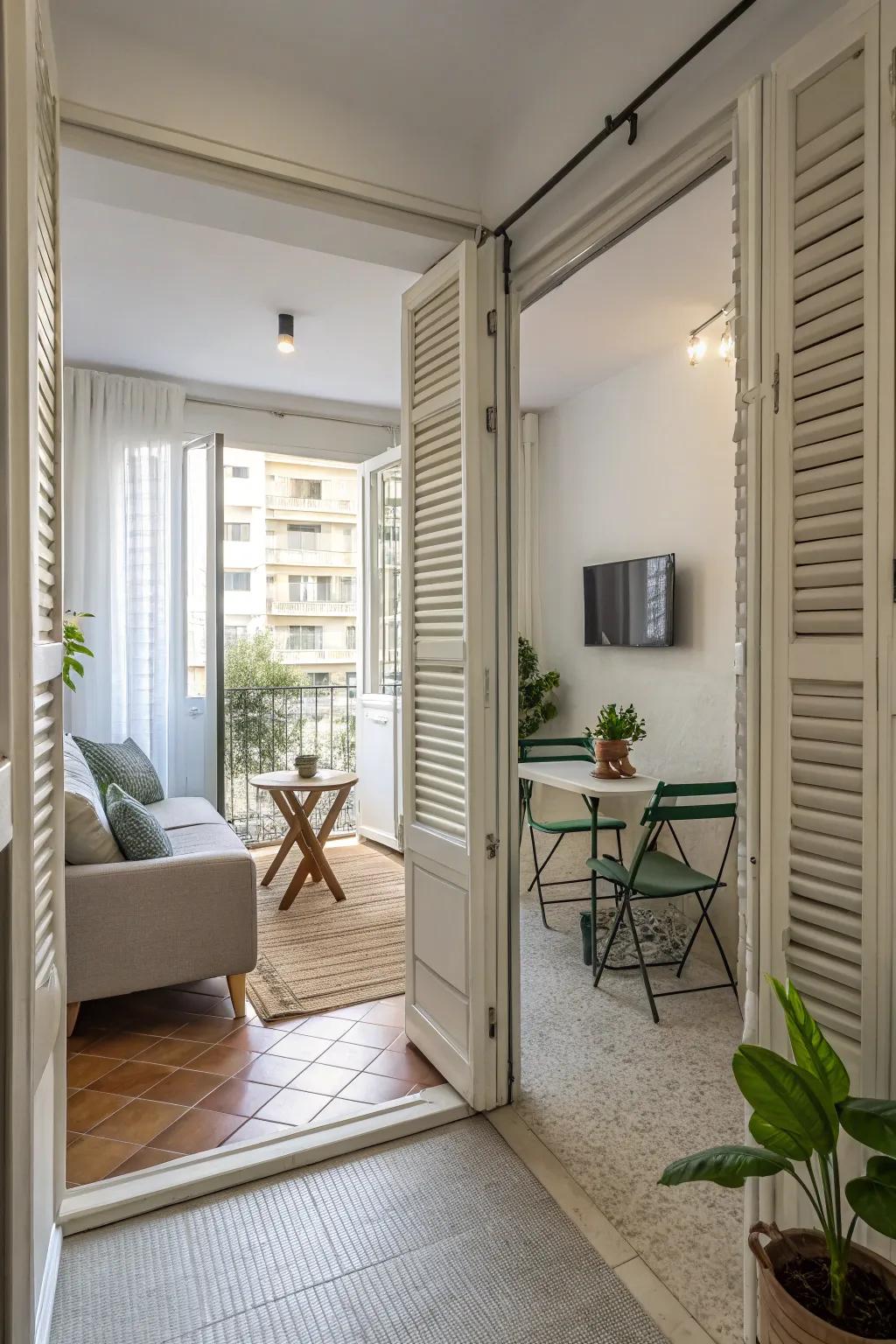 Jalousie doors ensure ventilation and separation in this airy studio apartment.