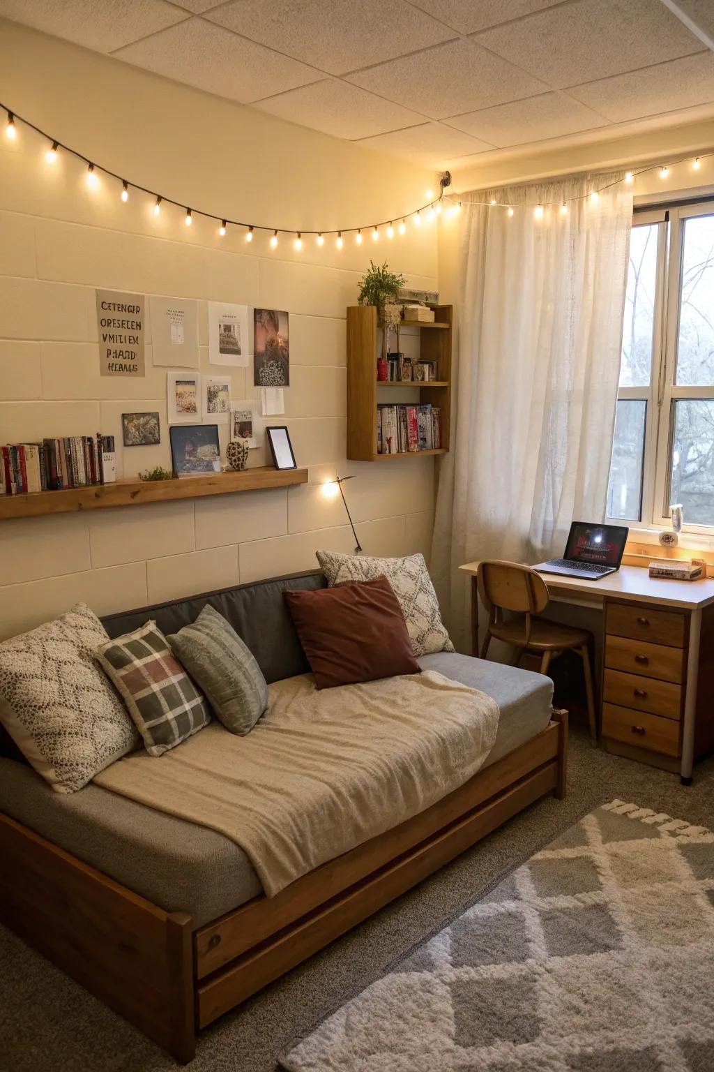 Modular seating allows for customizable arrangements in this dorm room.