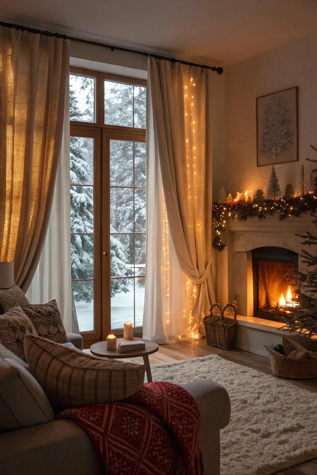 Changing curtains with the seasons creates a cozy winter atmosphere in this living room.