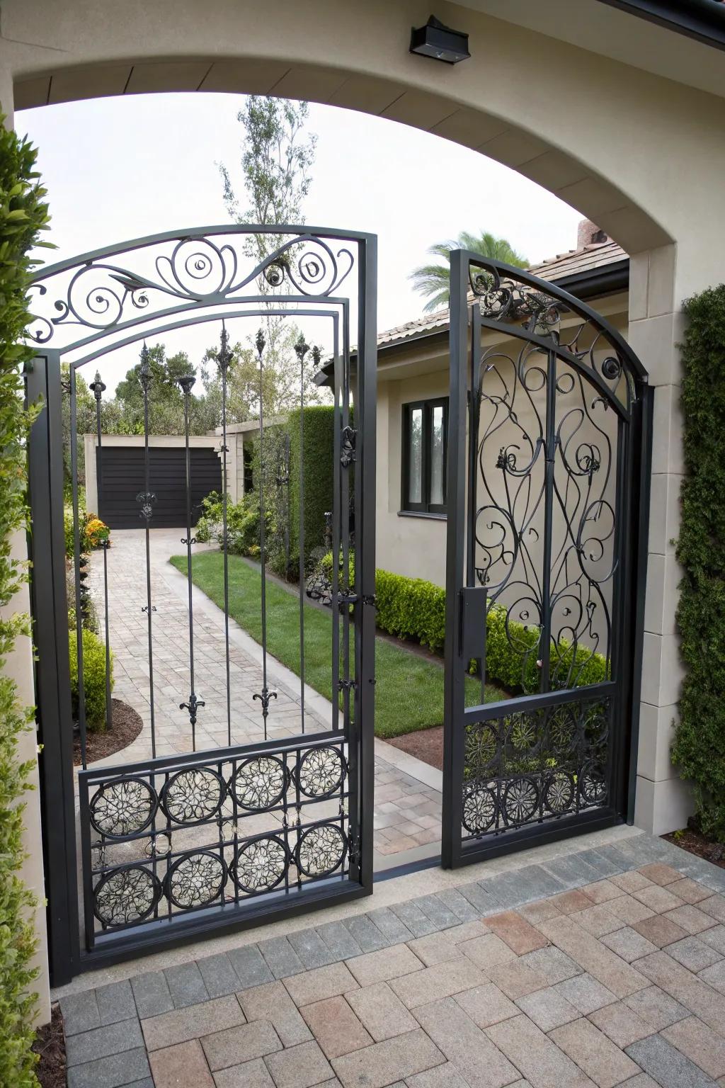 Unique hand-crafted metalwork making this gate a conversation piece.