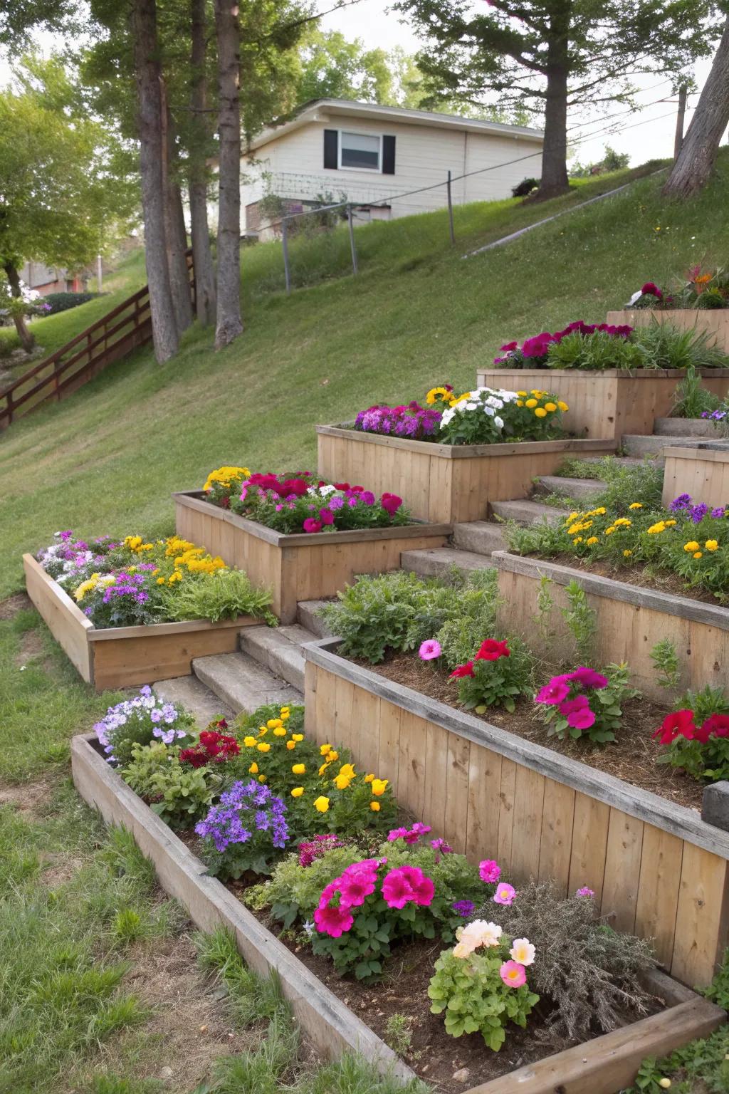Unaligned planters inject vibrant hues and texture into sloped gardens.