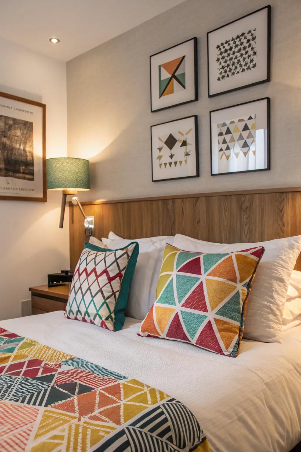 Geometric patterns introduce a modern touch to the striking bedroom.