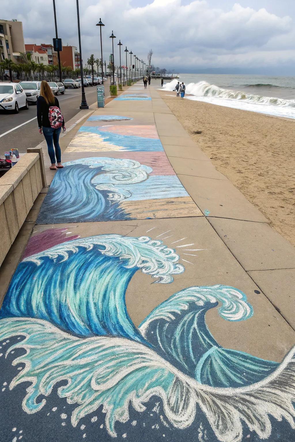 Ocean waves in crayon create a tranquil seaside escape.