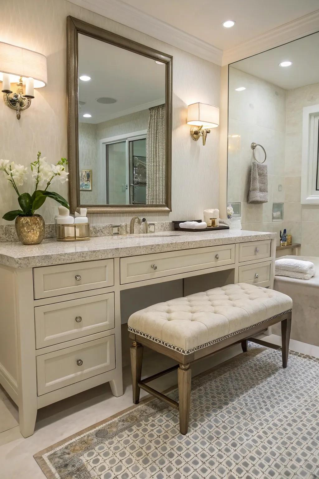 A seating spot adds function and elegance to your bathroom.