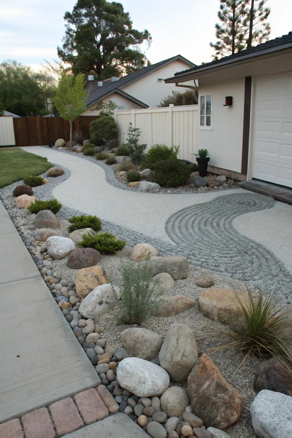 A Zen stone patch injects serenity into the driveway berm.