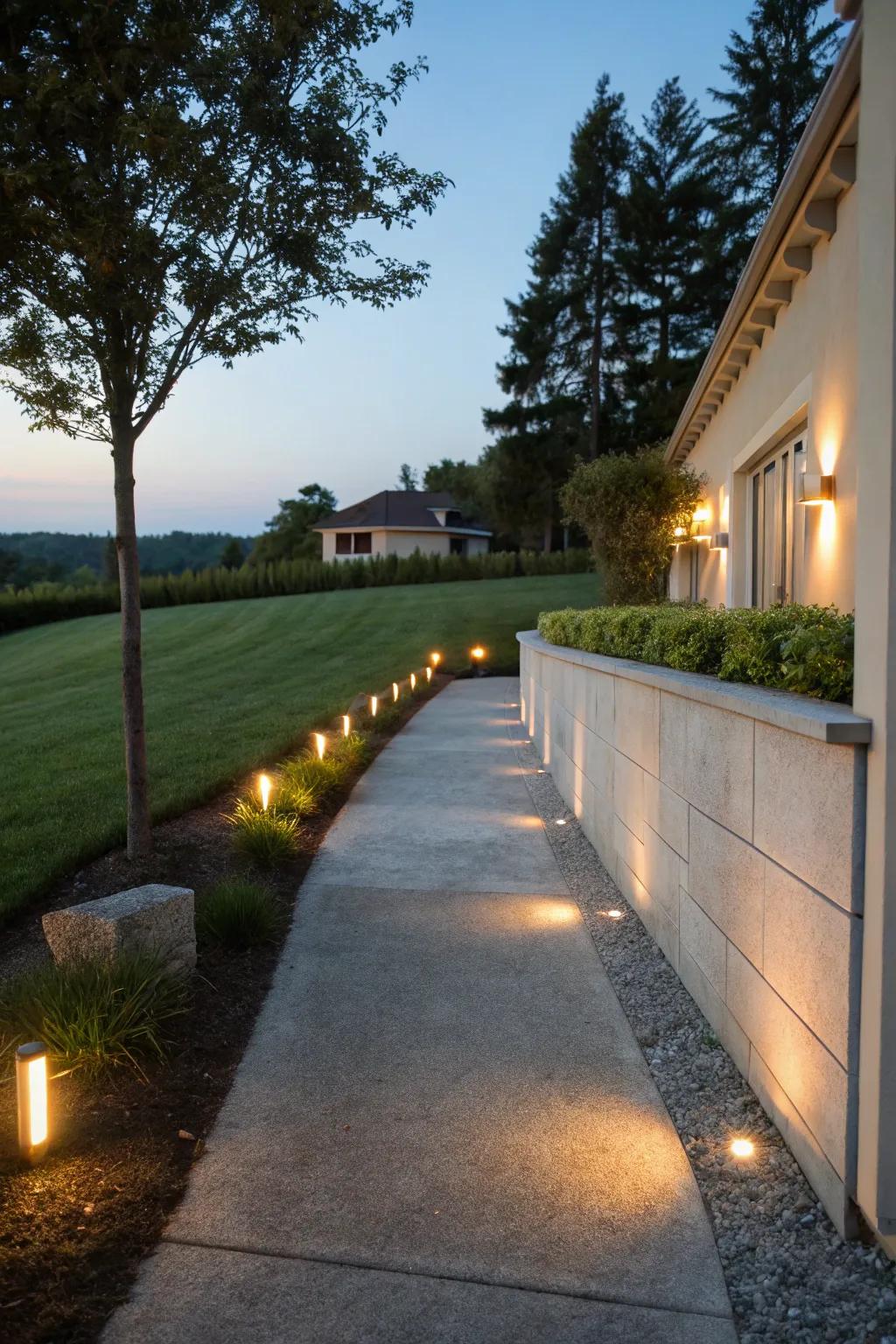 Subtle recessed wall lights blending into the driveway design.