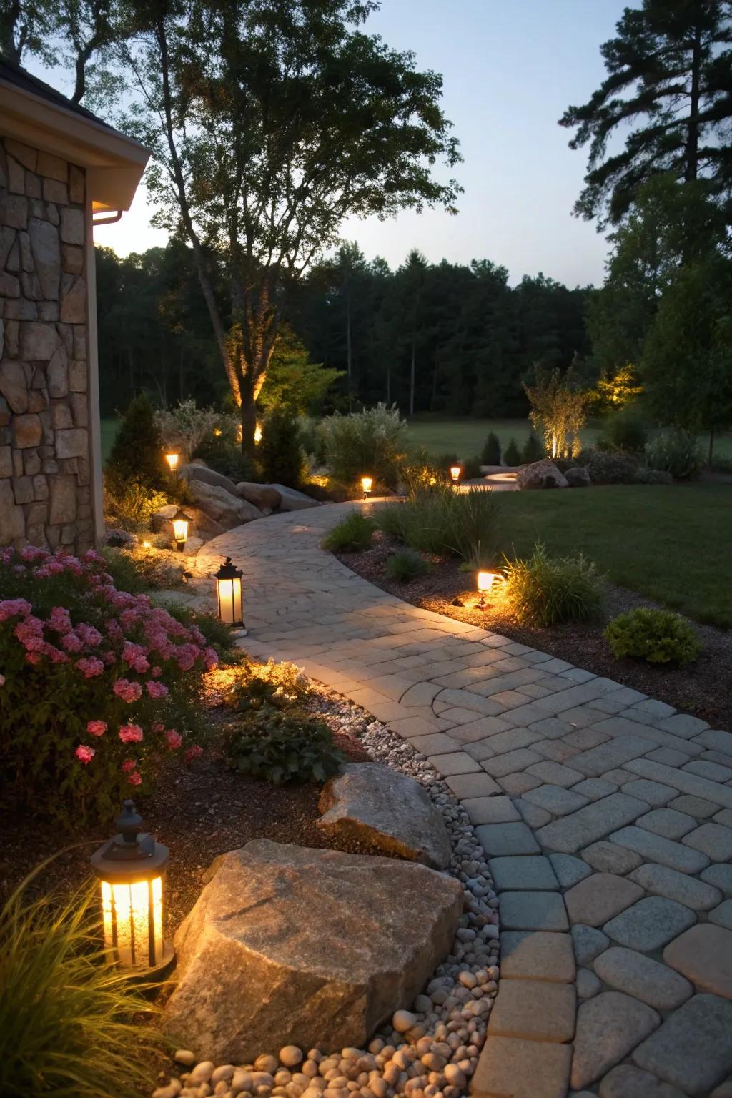 Driveway lighting features creating a dramatic nighttime effect.