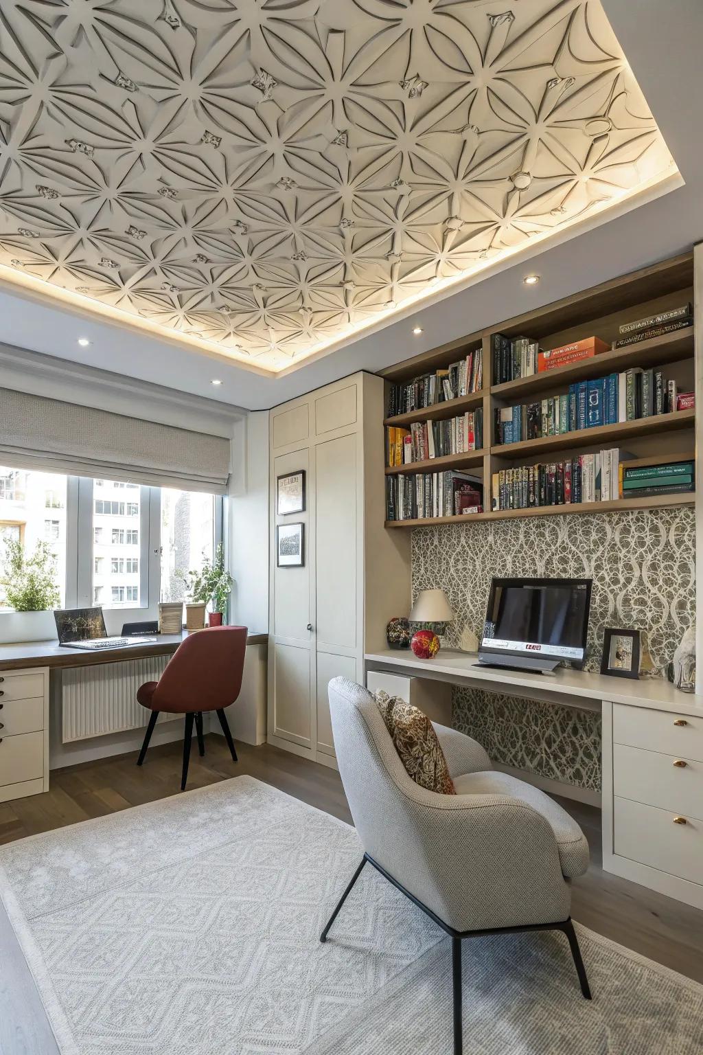 Modern style with geometric pattern ceiling squares.