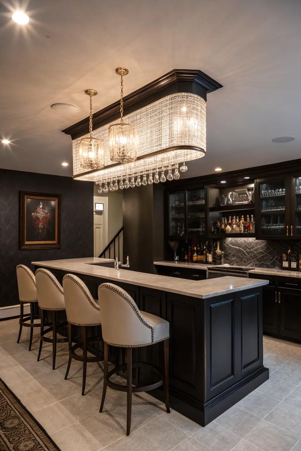 Statement lighting elevates the entire atmosphere.