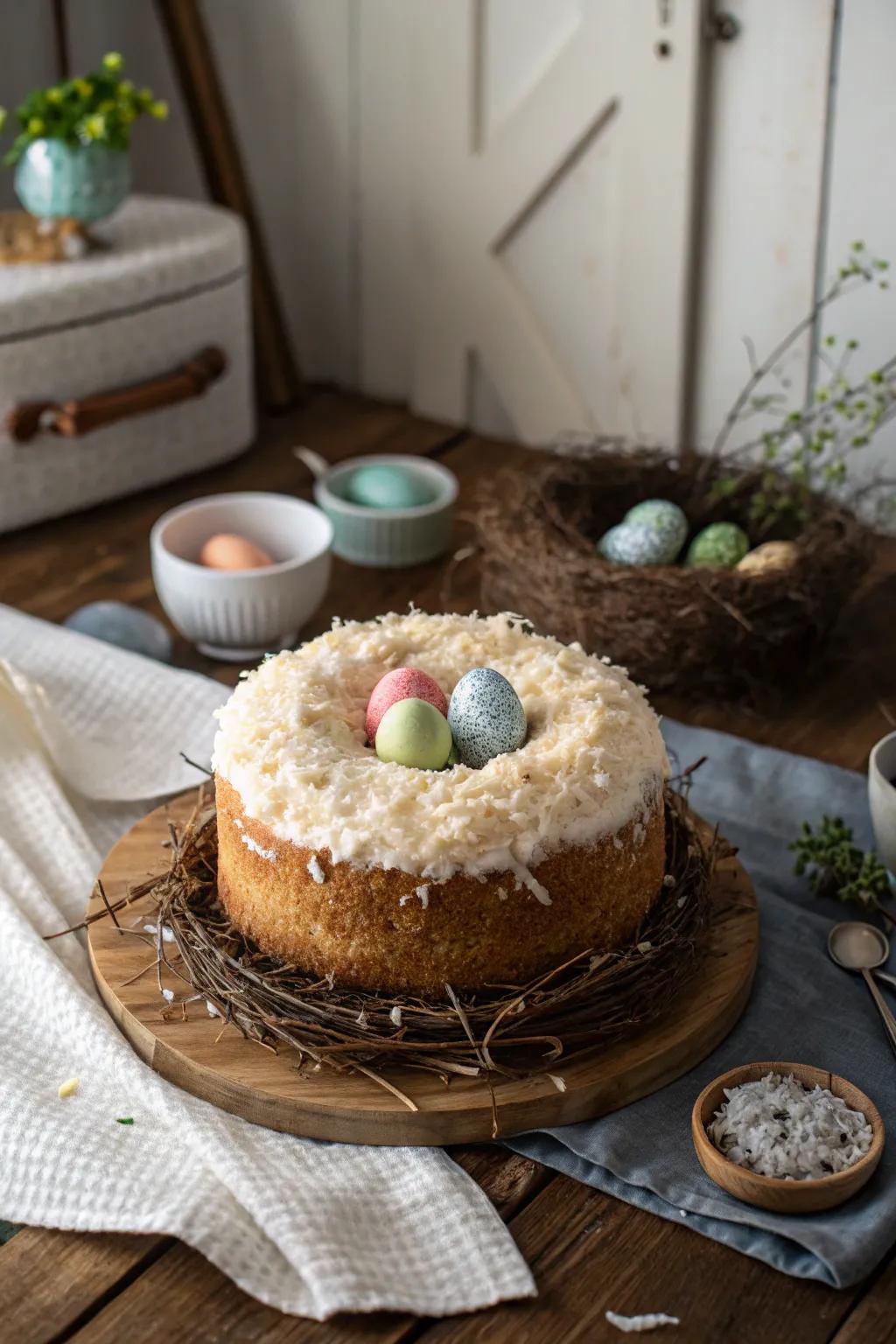 Coconut flakes create a charming nest effect on this cake.