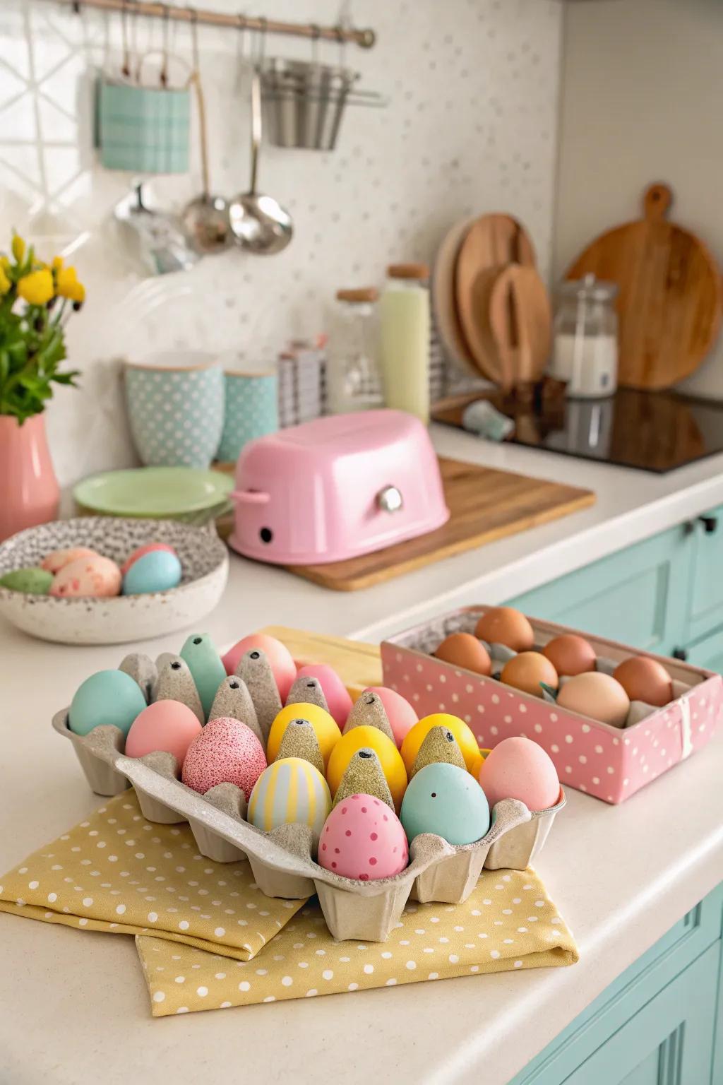 Decorative egg cartons make for a stylish and simple centerpiece.
