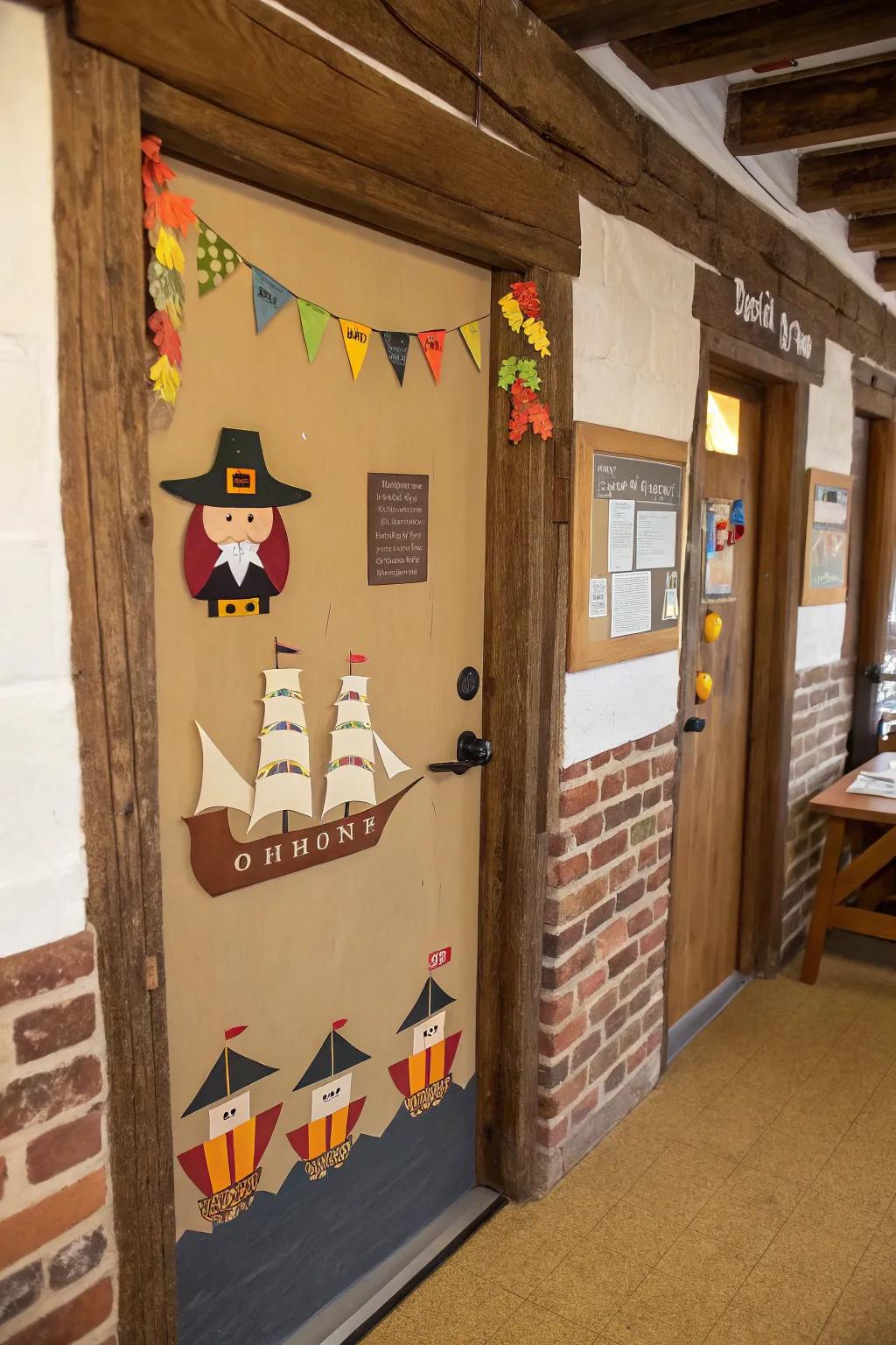 A pilgrim-themed door teaches history with style.