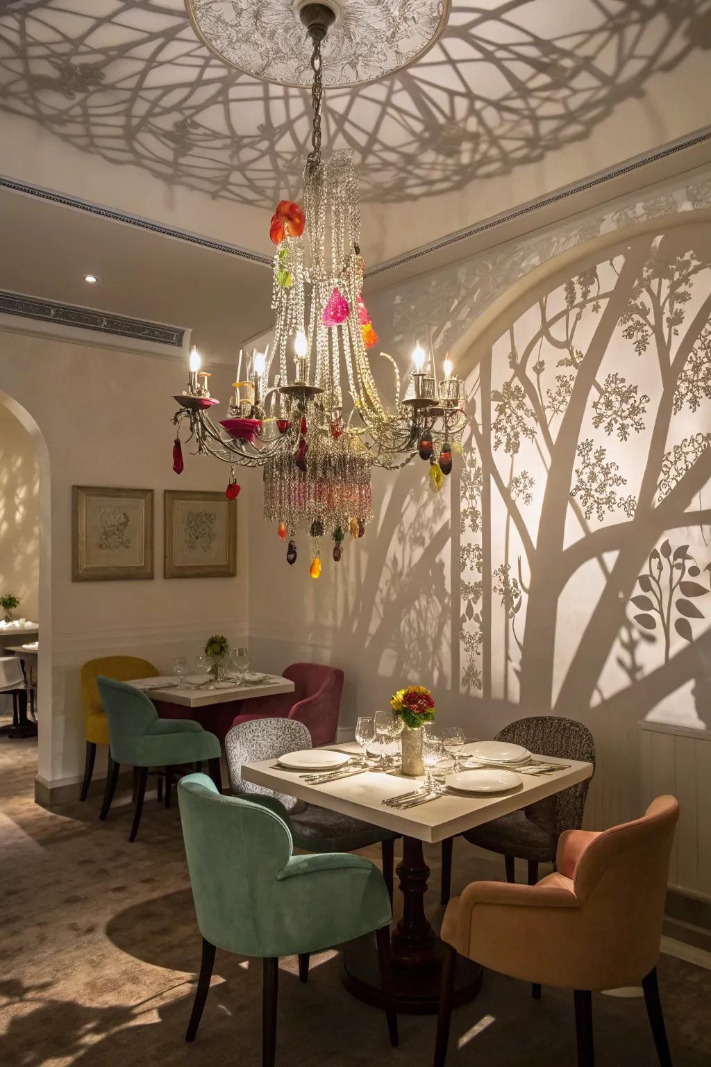 A dining area enhanced by a quirky chandelier with playful light effects.